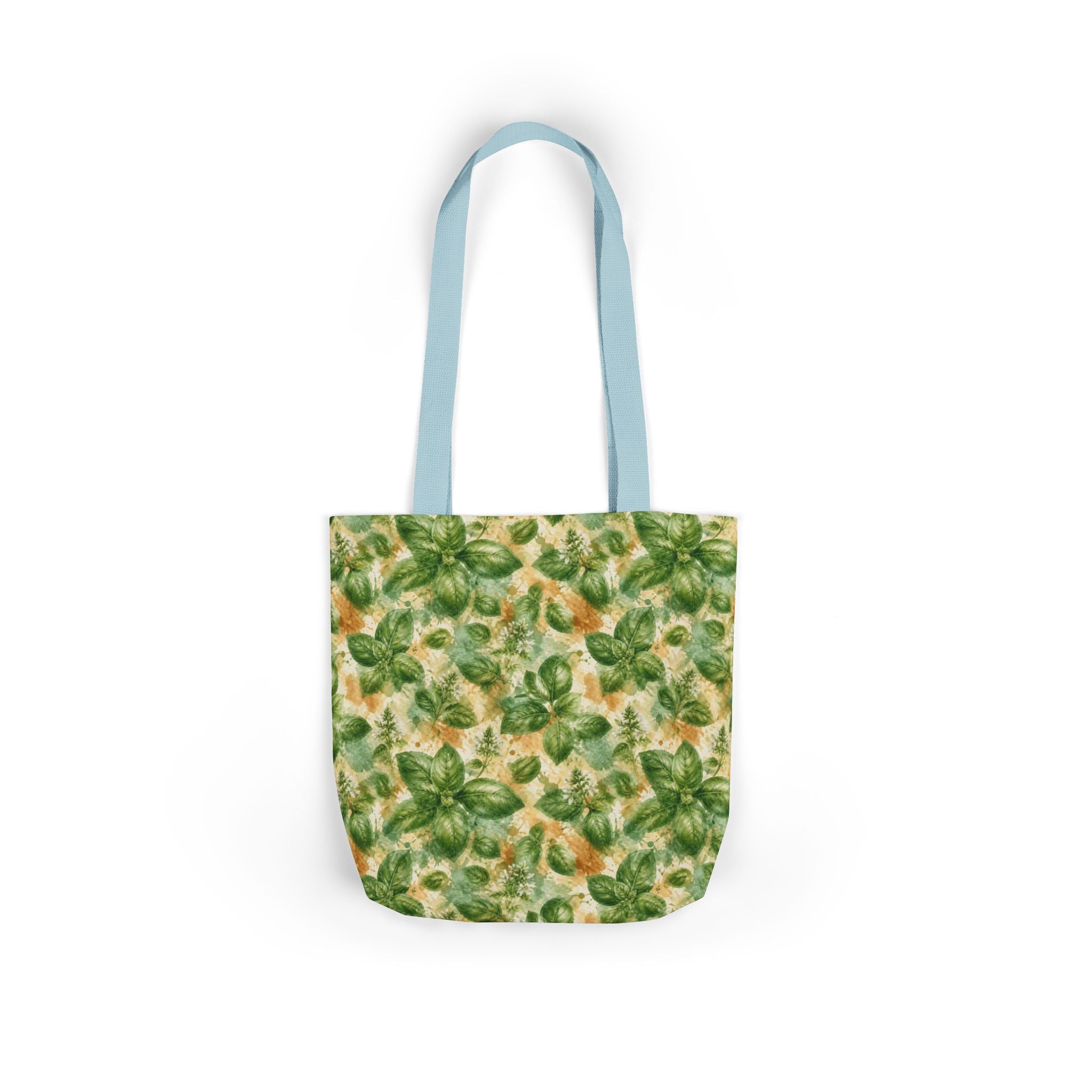 Fresh Basil Leaves Canvas Tote Bag Mediterranean Kitchen Watercolor Splash Design Italian Cottagecore Gift