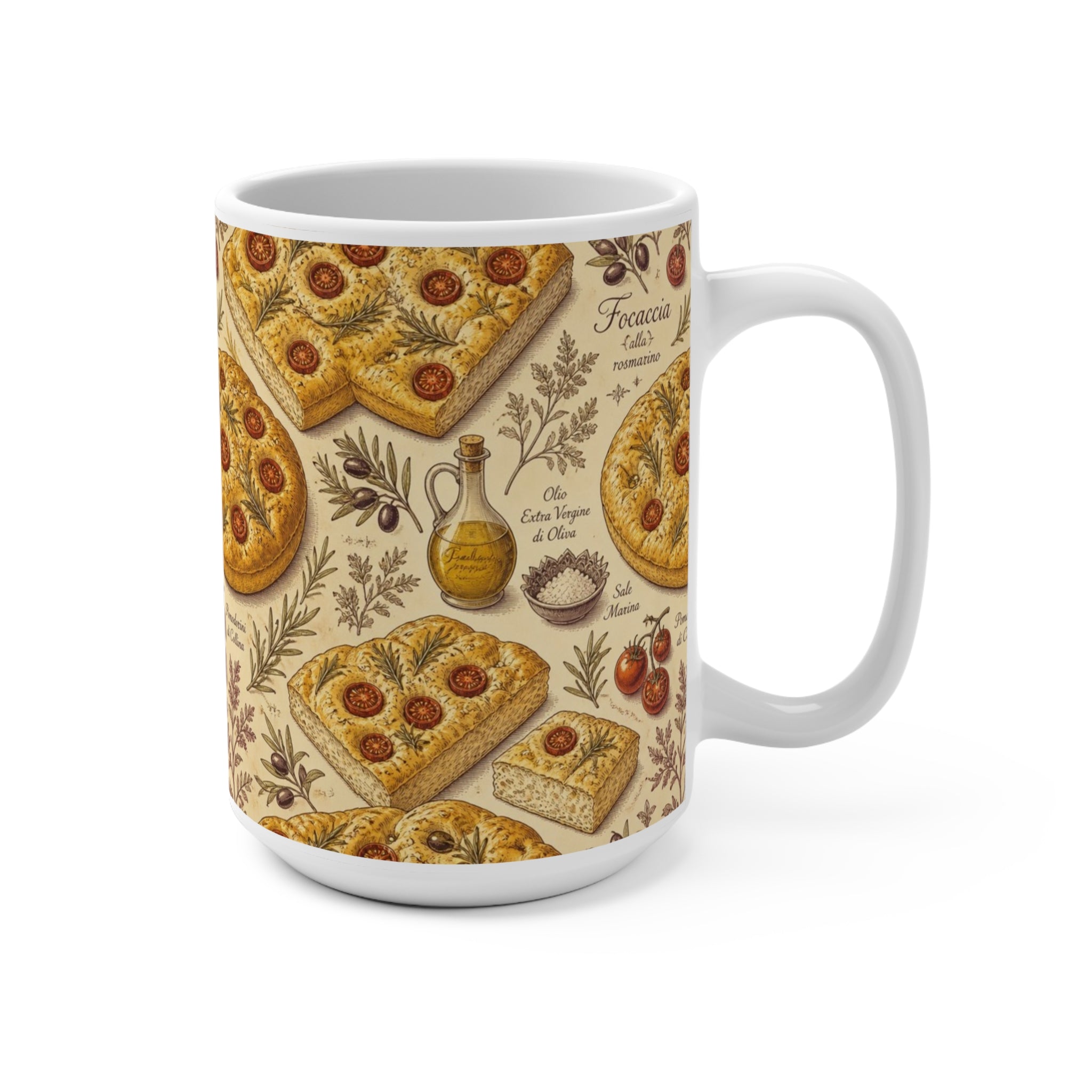 Focaccia Bread 15oz Ceramic Mug Mediterranean Kitchen Botanical Design Italian Cottagecore Gift