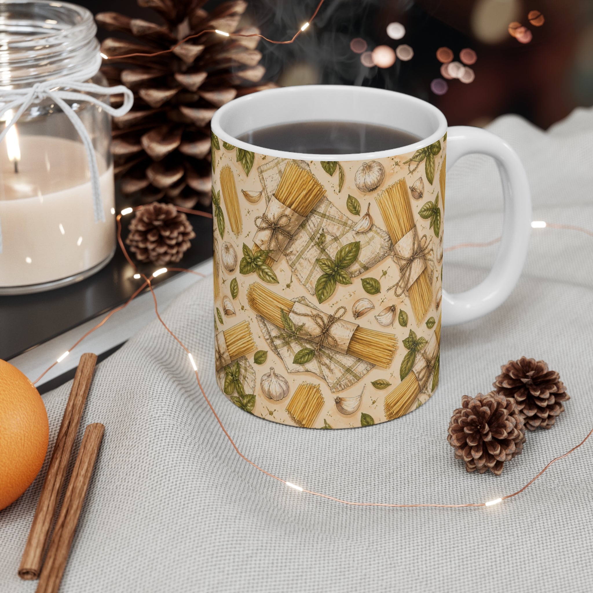 Spaghetti Bundle 11oz Ceramic Mug Mediterranean Kitchen Watercolor Design Italian Cottagecore Gift