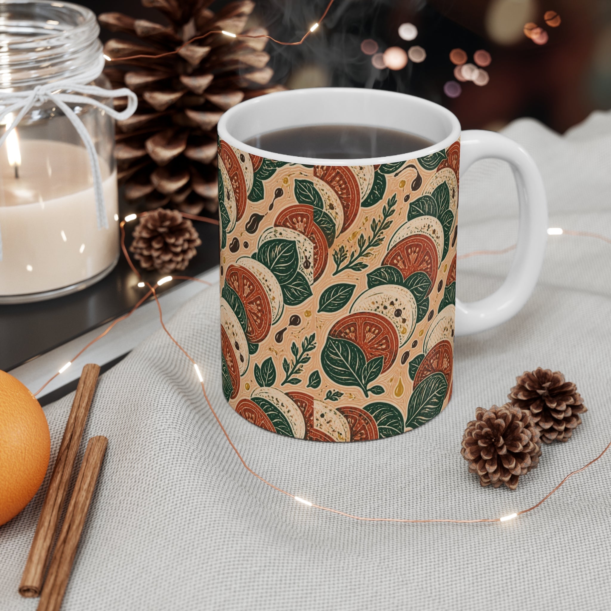 Caprese Arrangement 11oz Ceramic Mug Mediterranean Kitchen Linocut Design Italian Cottagecore Gift