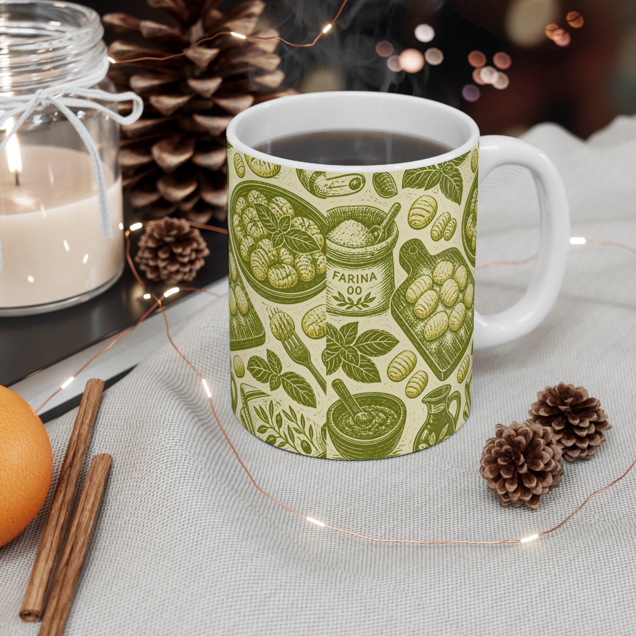 Potato Gnocchi 11oz Ceramic Mug Mediterranean Kitchen Linocut Design Italian Cottagecore Gift