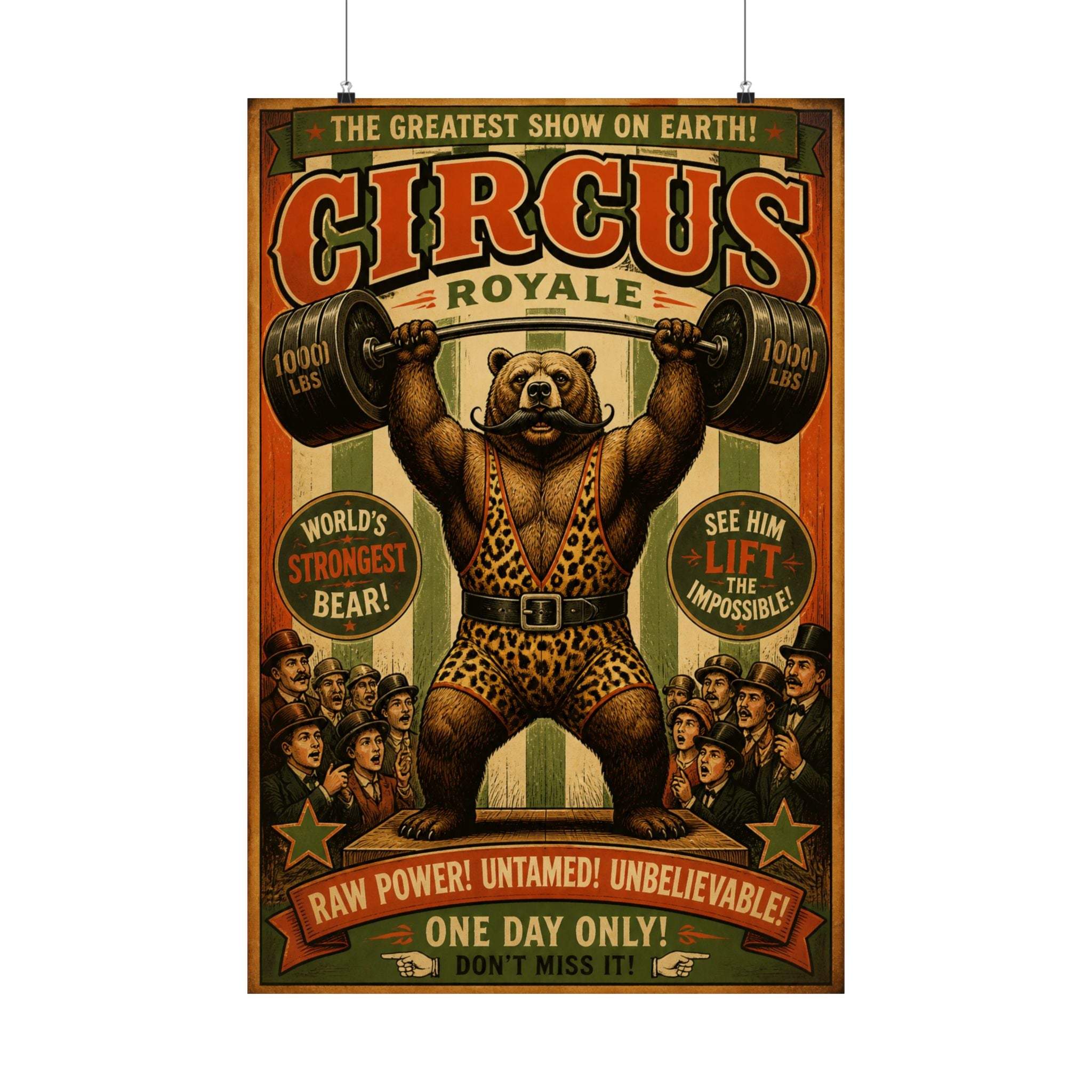 Strongman Bear Wall Art Poster 24×36 Vintage Circus Bedroom Decor Maximalist Print