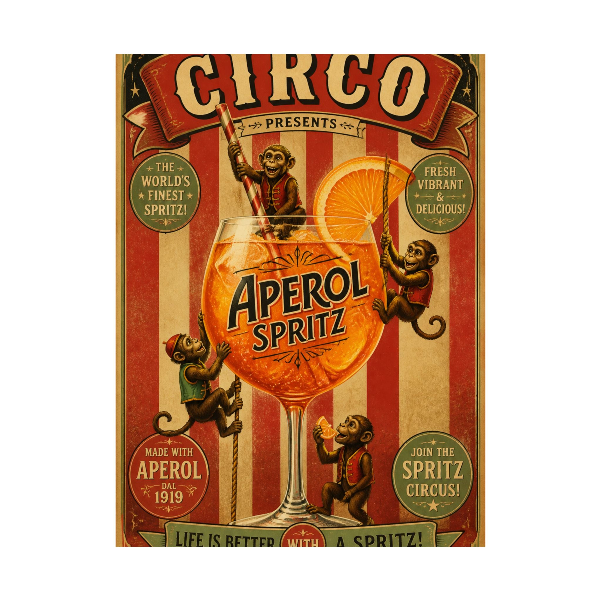 Aperol Spritz Monkeys Wall Art Poster 18×24 Vintage Circus Kitchen Decor Maximalist Print
