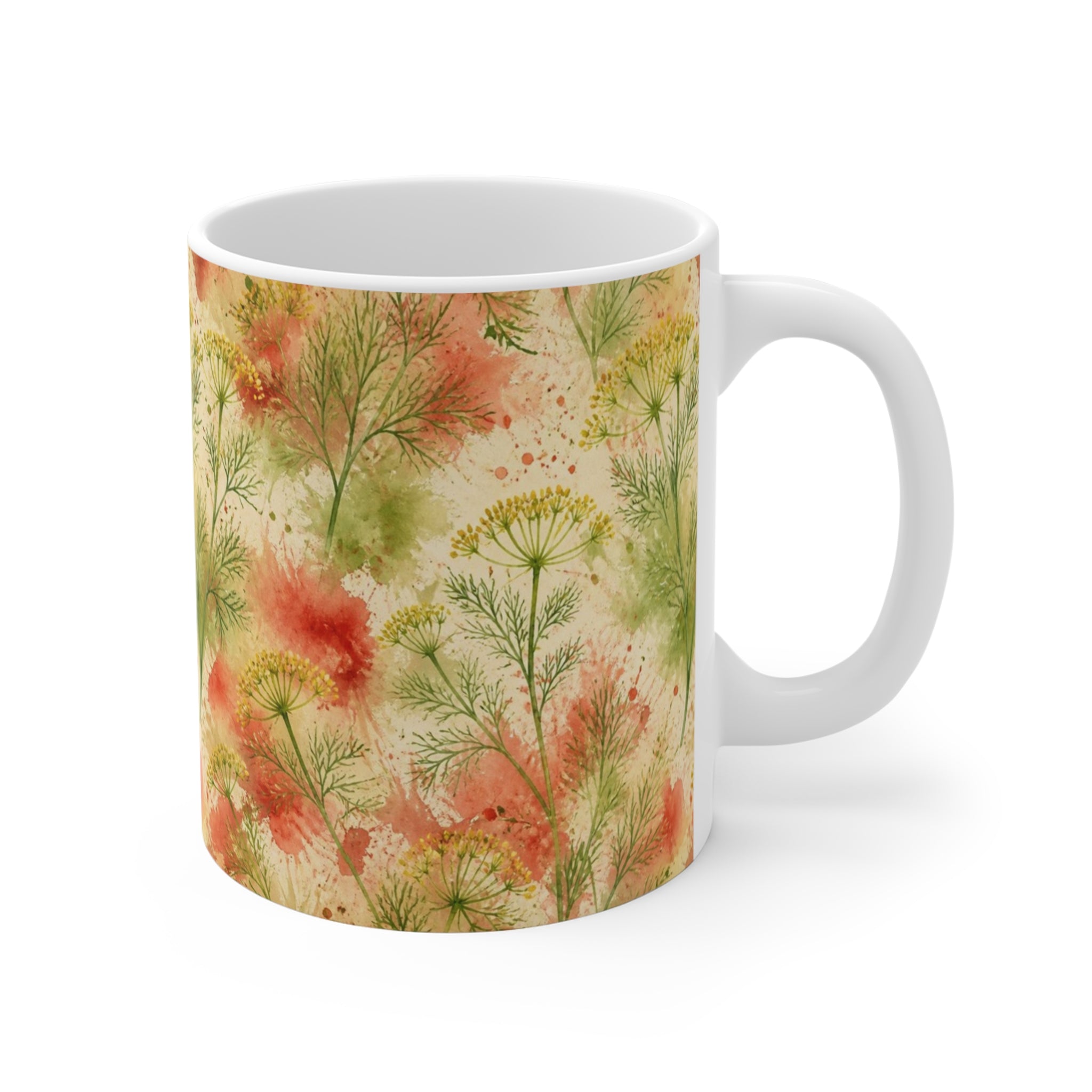 Dill Fronds 11oz Ceramic Mug Mediterranean Kitchen Watercolor Splash Design Italian Cottagecore Gift