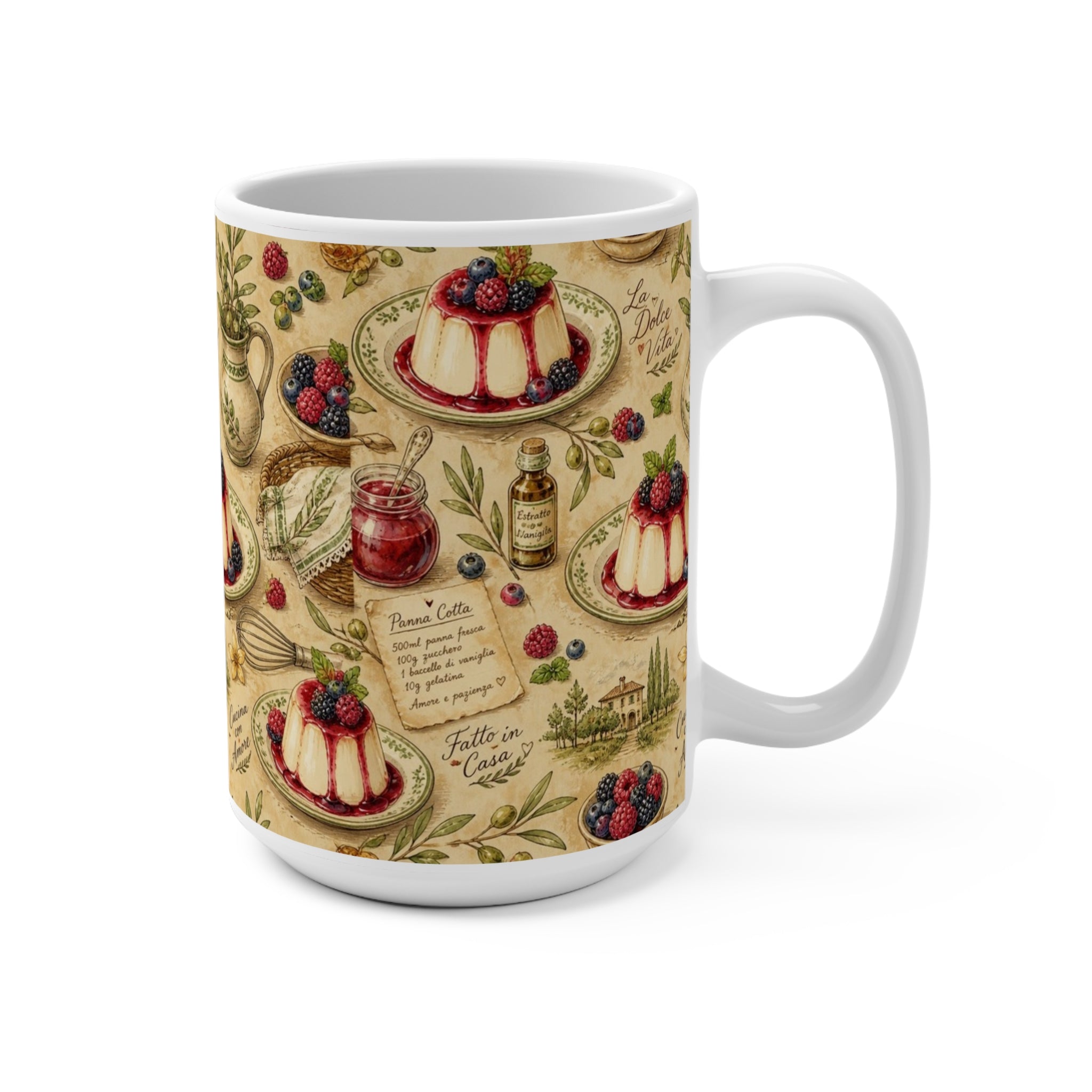Panna Cotta 15oz Ceramic Mug Mediterranean Kitchen Watercolor Design Italian Cottagecore Gift
