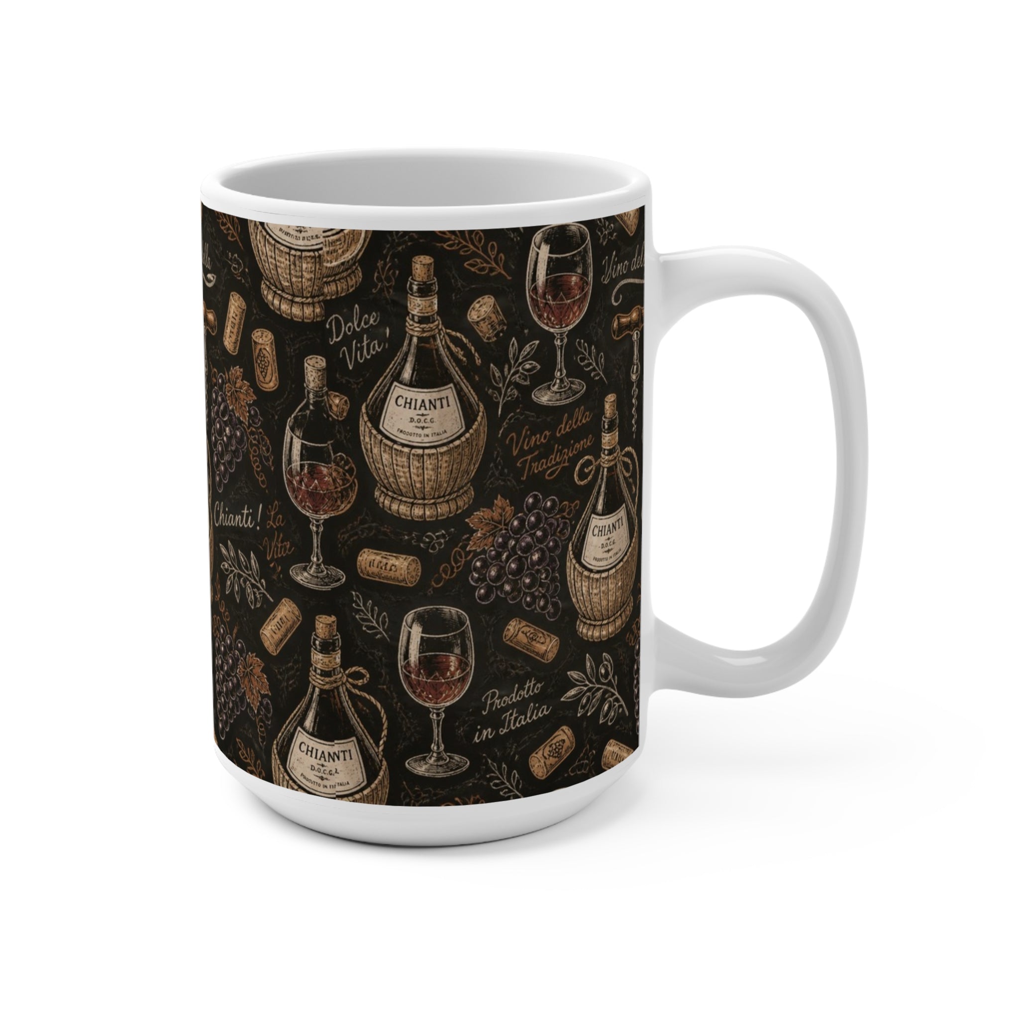 Wine Bottles & Glasses 15oz Ceramic Mug Mediterranean Kitchen Chalk Art Design Italian Cottagecore Gift