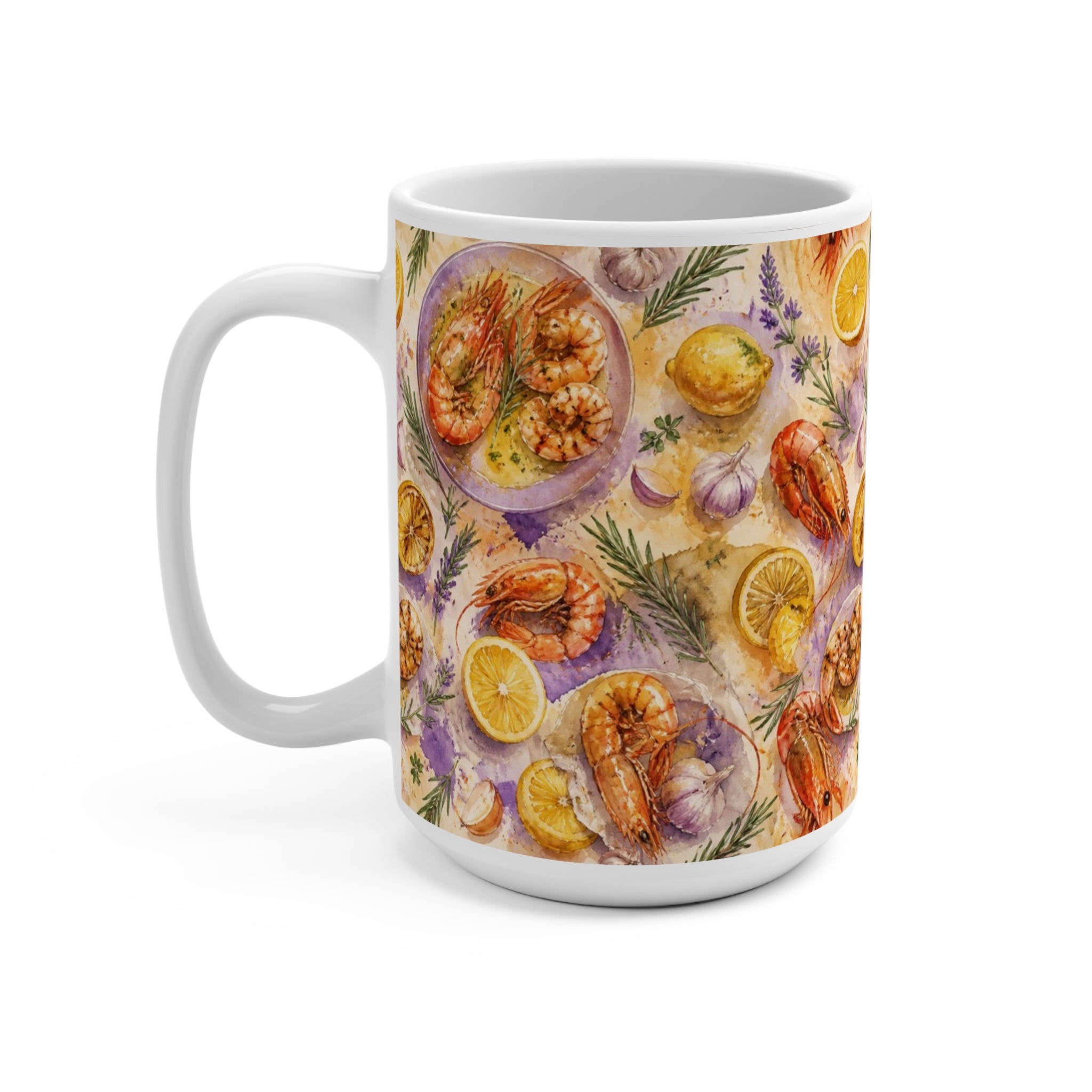 Mediterranean Shrimp 15oz Ceramic Mug Mediterranean Kitchen Watercolor Splash Design Italian Cottagecore Gift