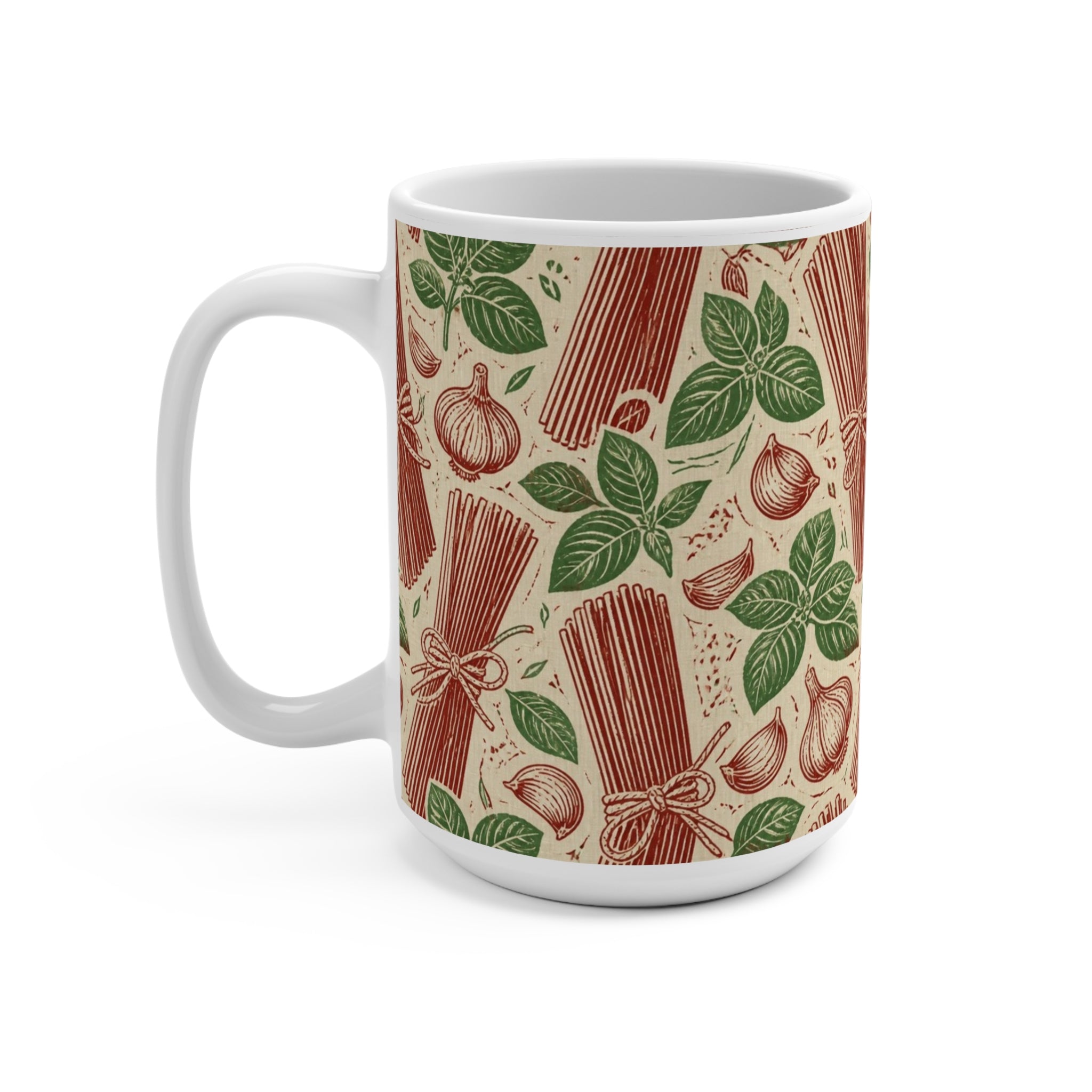 Spaghetti Bundle 15oz Ceramic Mug Mediterranean Kitchen Linocut Design Italian Cottagecore Gift