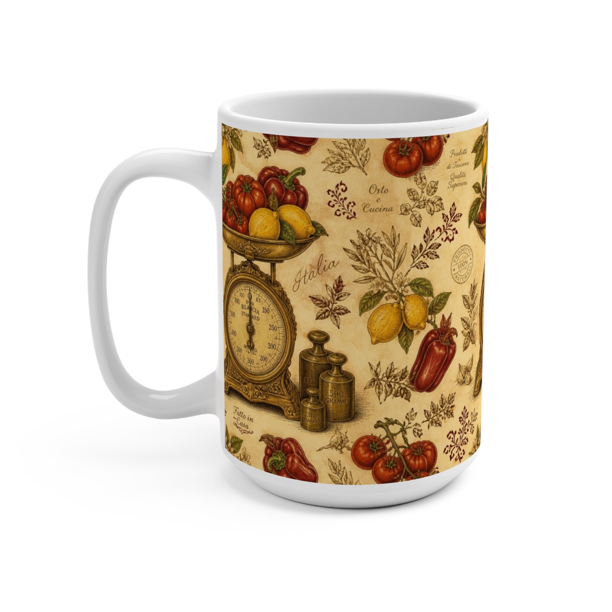 Vintage Kitchen Scale 15oz Ceramic Mug Mediterranean Kitchen Botanical Design Italian Cottagecore Gift