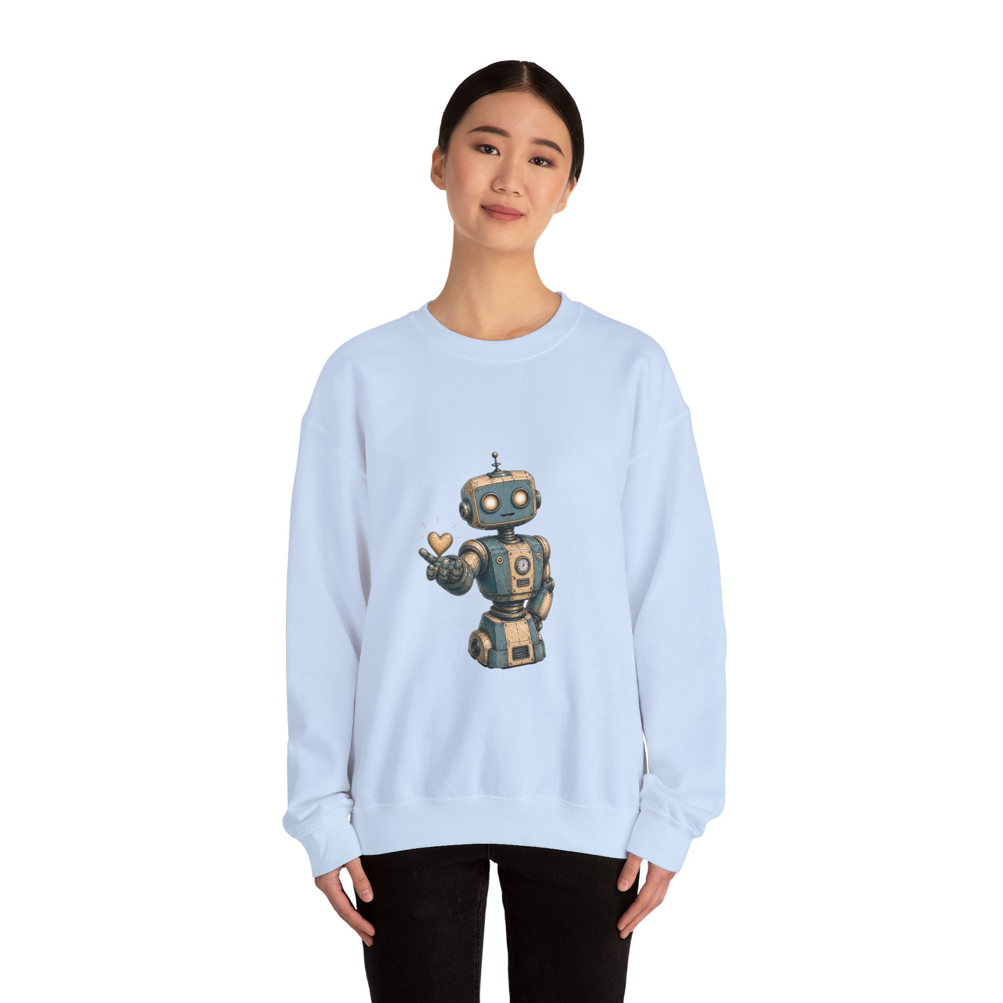 Matching Couple Sweatshirt - Robot & Heart Matching Couple Premium Fleece Sweatshirt Hand-Drawn Art His Hers Anniversary Gift - Design A
