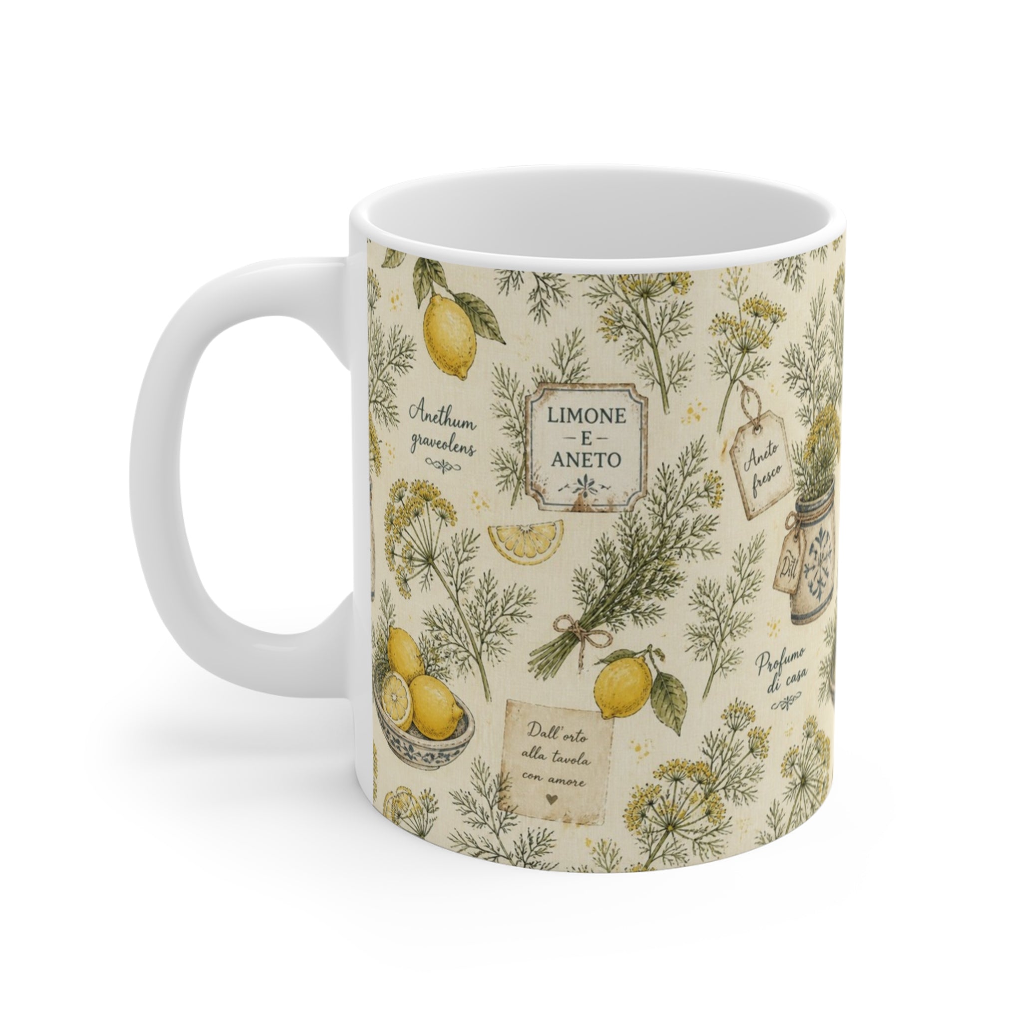 Dill Fronds 11oz Ceramic Mug Mediterranean Kitchen Watercolor Design Italian Cottagecore Gift