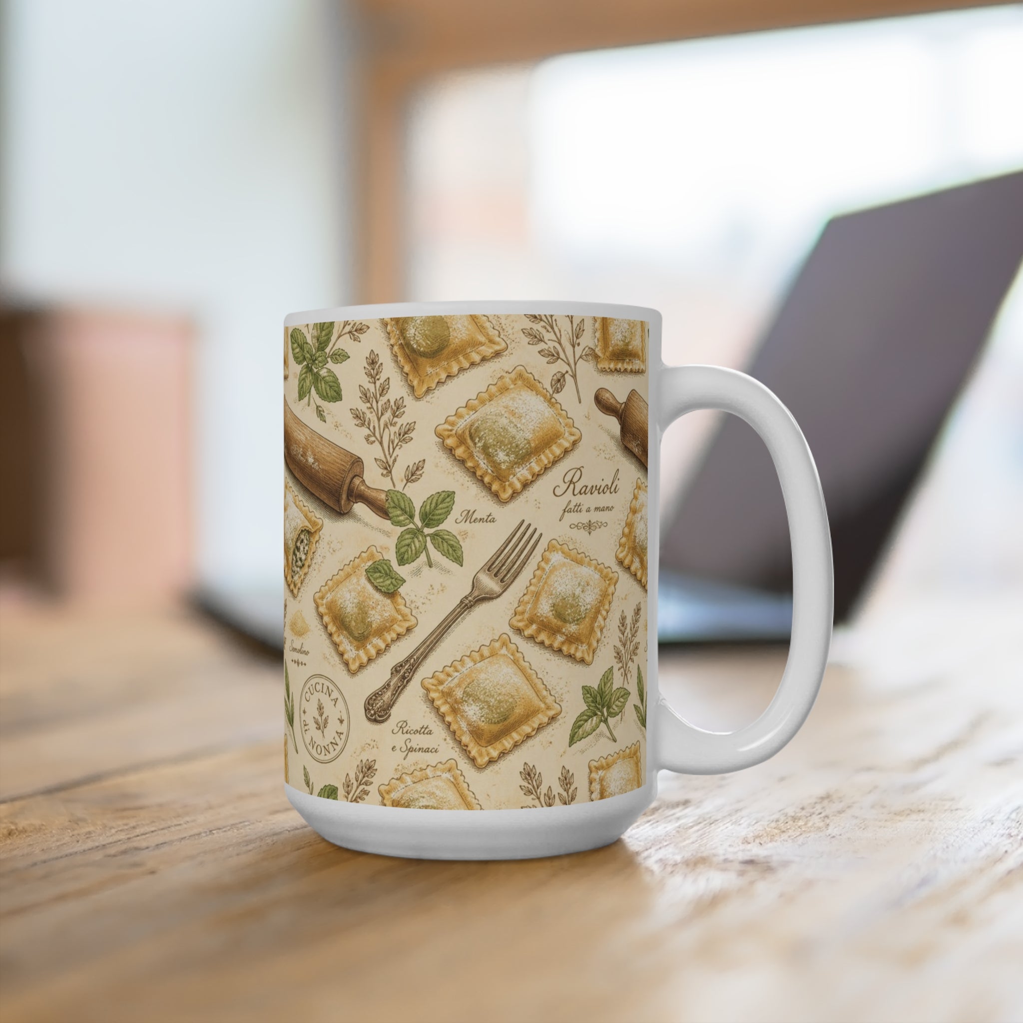 Fresh Ravioli 15oz Ceramic Mug Mediterranean Kitchen Botanical Design Italian Cottagecore Gift
