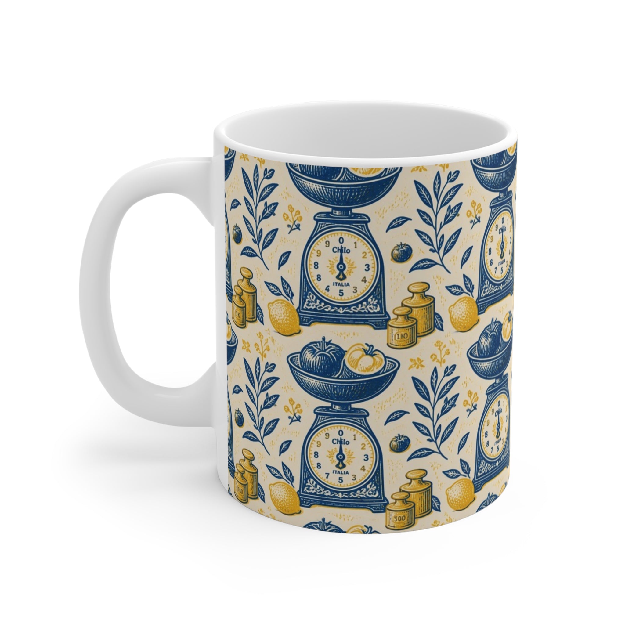 Vintage Kitchen Scale 11oz Ceramic Mug Mediterranean Kitchen Linocut Design Italian Cottagecore Gift