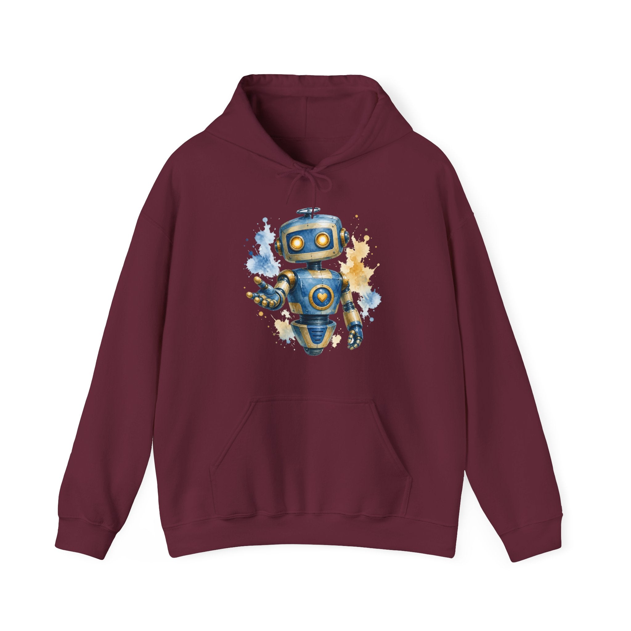 Matching Couple Sweatshirt - Robot & Heart Matching Couple Hooded Sweatshirt Watercolor Art His Hers Engagement Gift - Design A