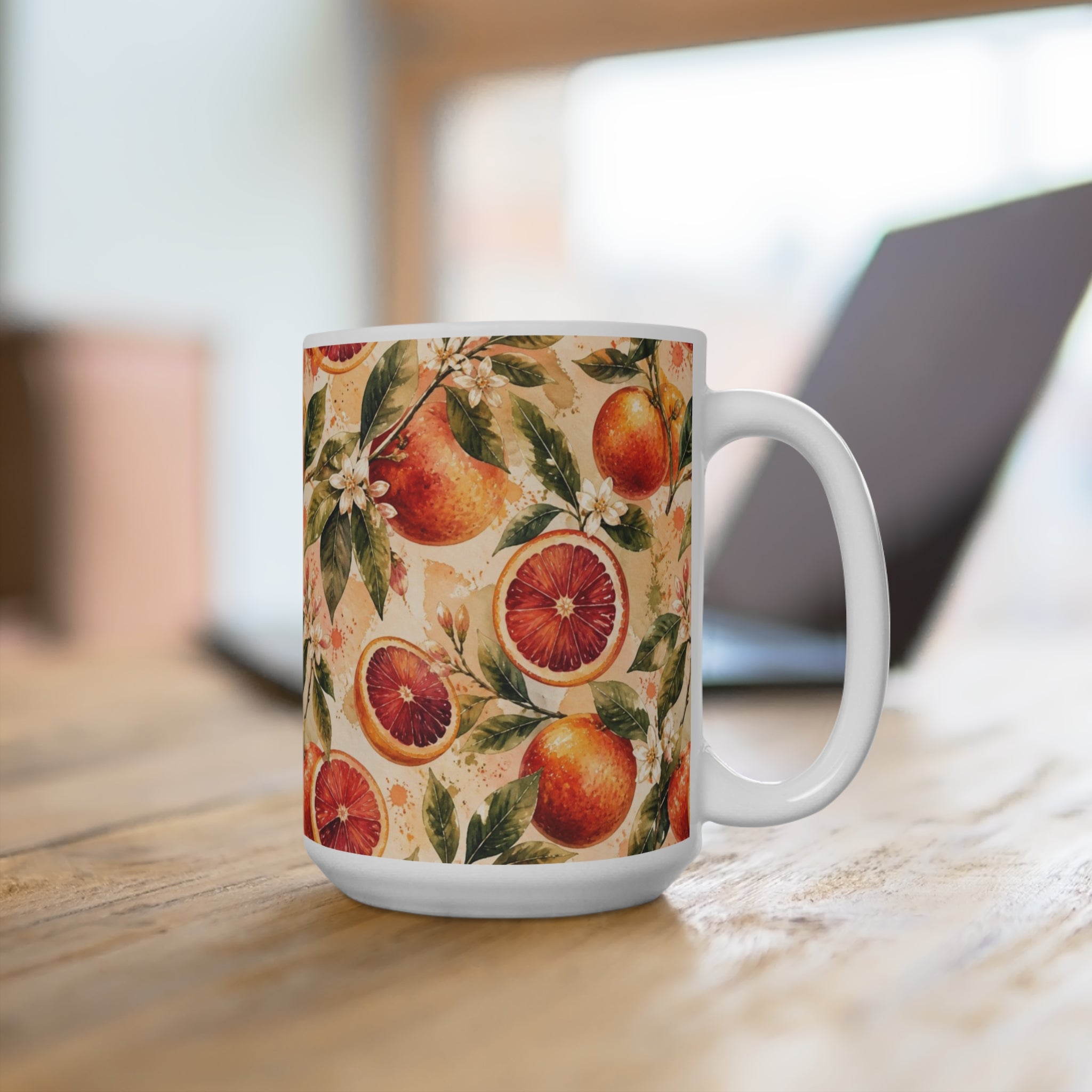 Blood Oranges 15oz Ceramic Mug Mediterranean Kitchen Watercolor Splash Design Italian Cottagecore Gift