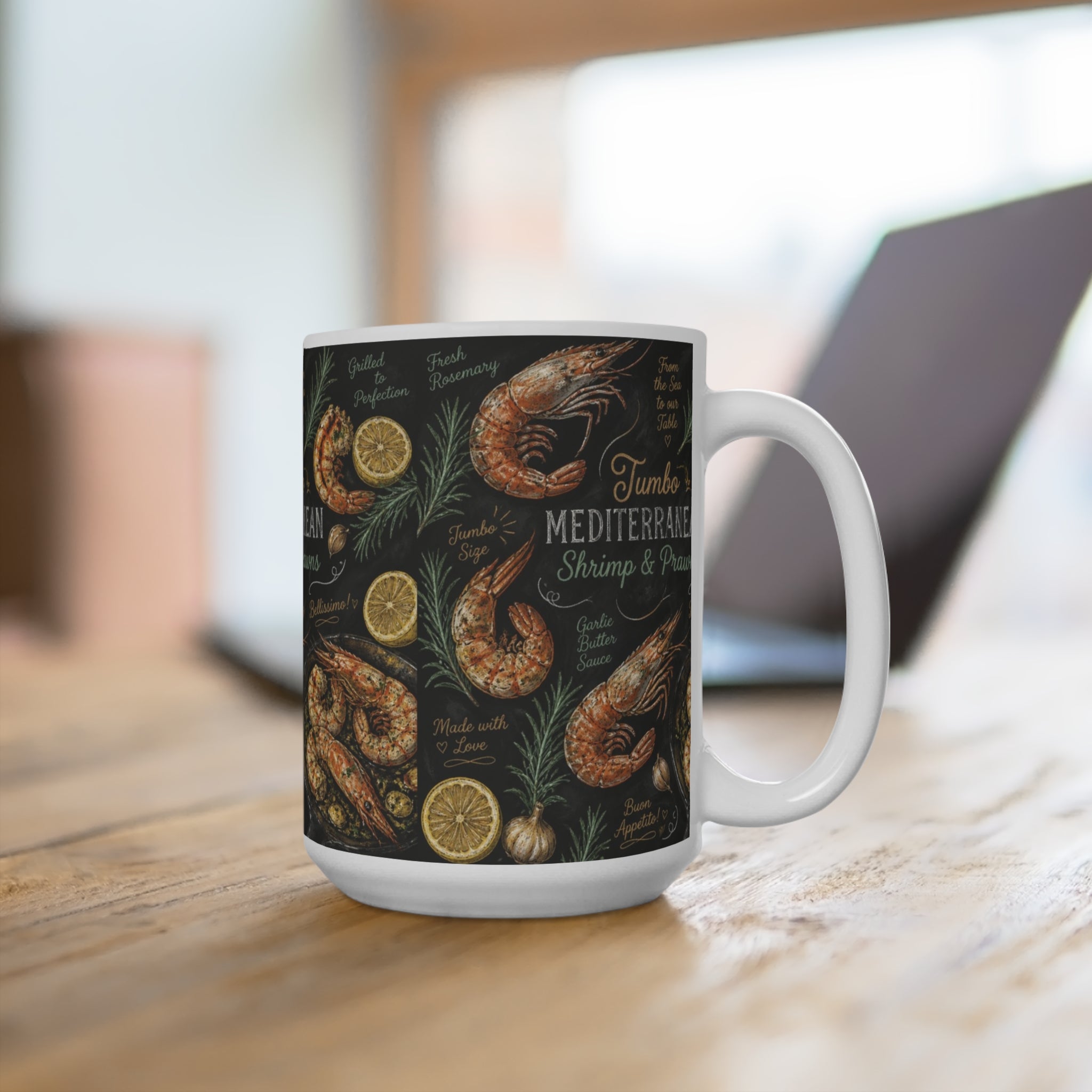 Mediterranean Shrimp 15oz Ceramic Mug Mediterranean Kitchen Chalk Art Design Italian Cottagecore Gift