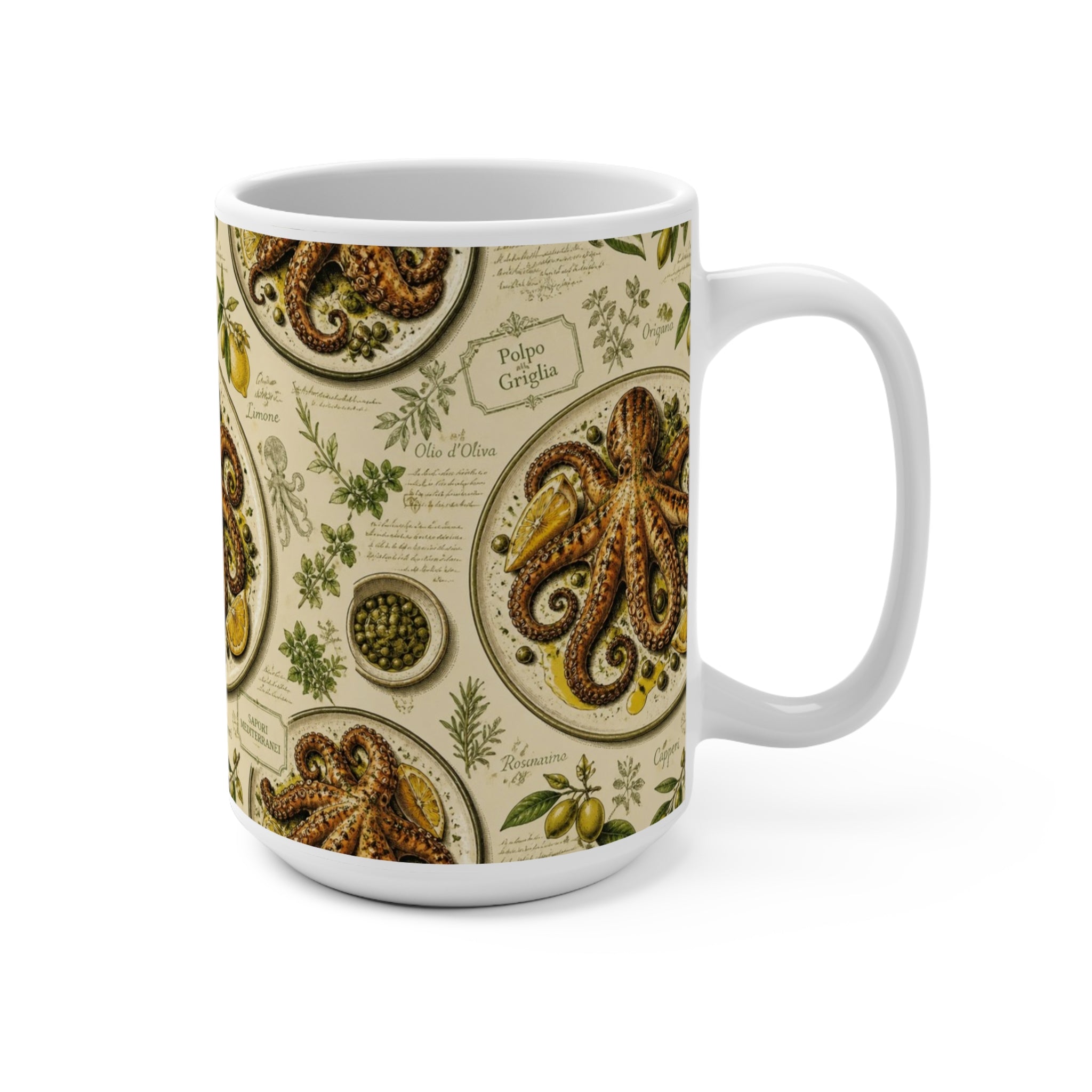 Grilled Octopus 15oz Ceramic Mug Mediterranean Kitchen Botanical Design Italian Cottagecore Gift