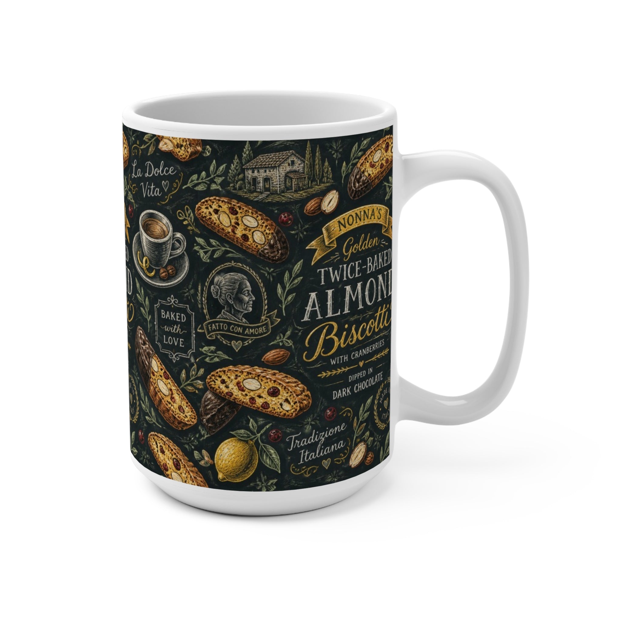 Almond Biscotti 15oz Ceramic Mug Mediterranean Kitchen Chalk Art Design Italian Cottagecore Gift