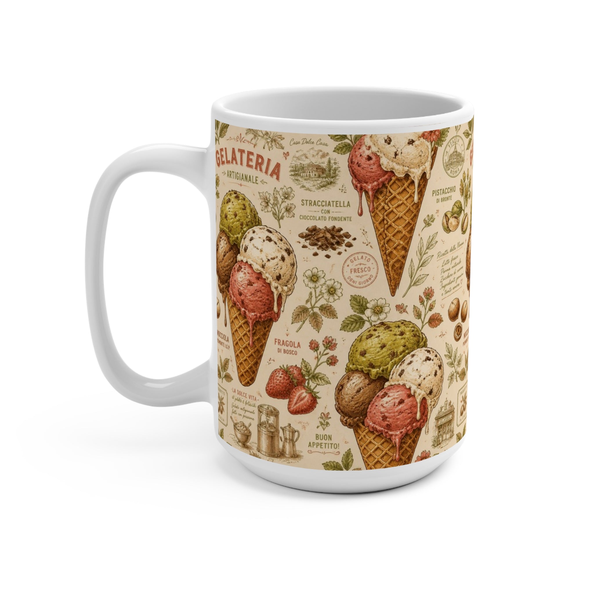 Gelato Scoops 15oz Ceramic Mug Mediterranean Kitchen Botanical Design Italian Cottagecore Gift