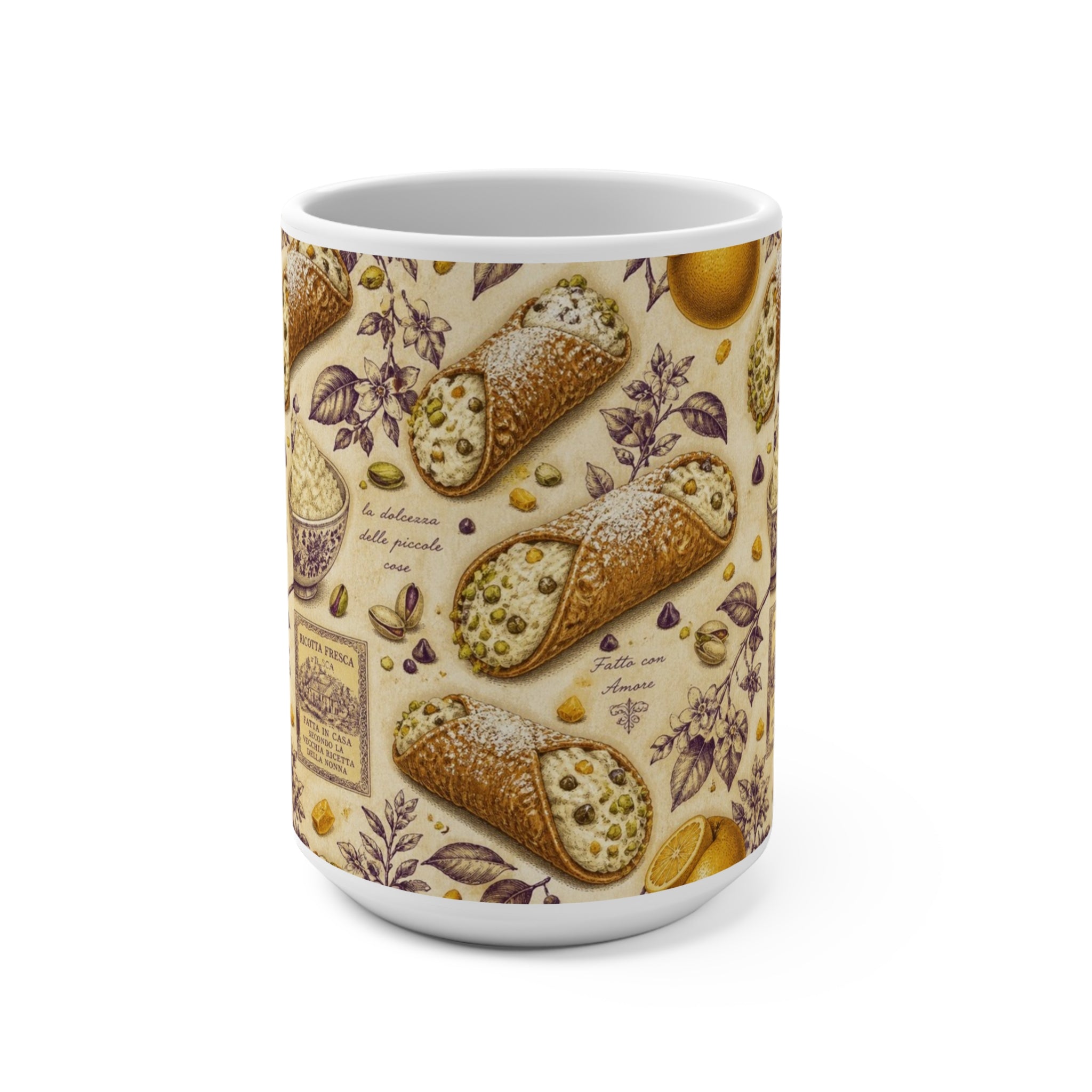 Sicilian Cannoli 15oz Ceramic Mug Mediterranean Kitchen Botanical Design Italian Cottagecore Gift