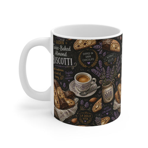 Almond Biscotti 11oz Ceramic Mug Mediterranean Kitchen Chalk Art Design Italian Cottagecore Gift