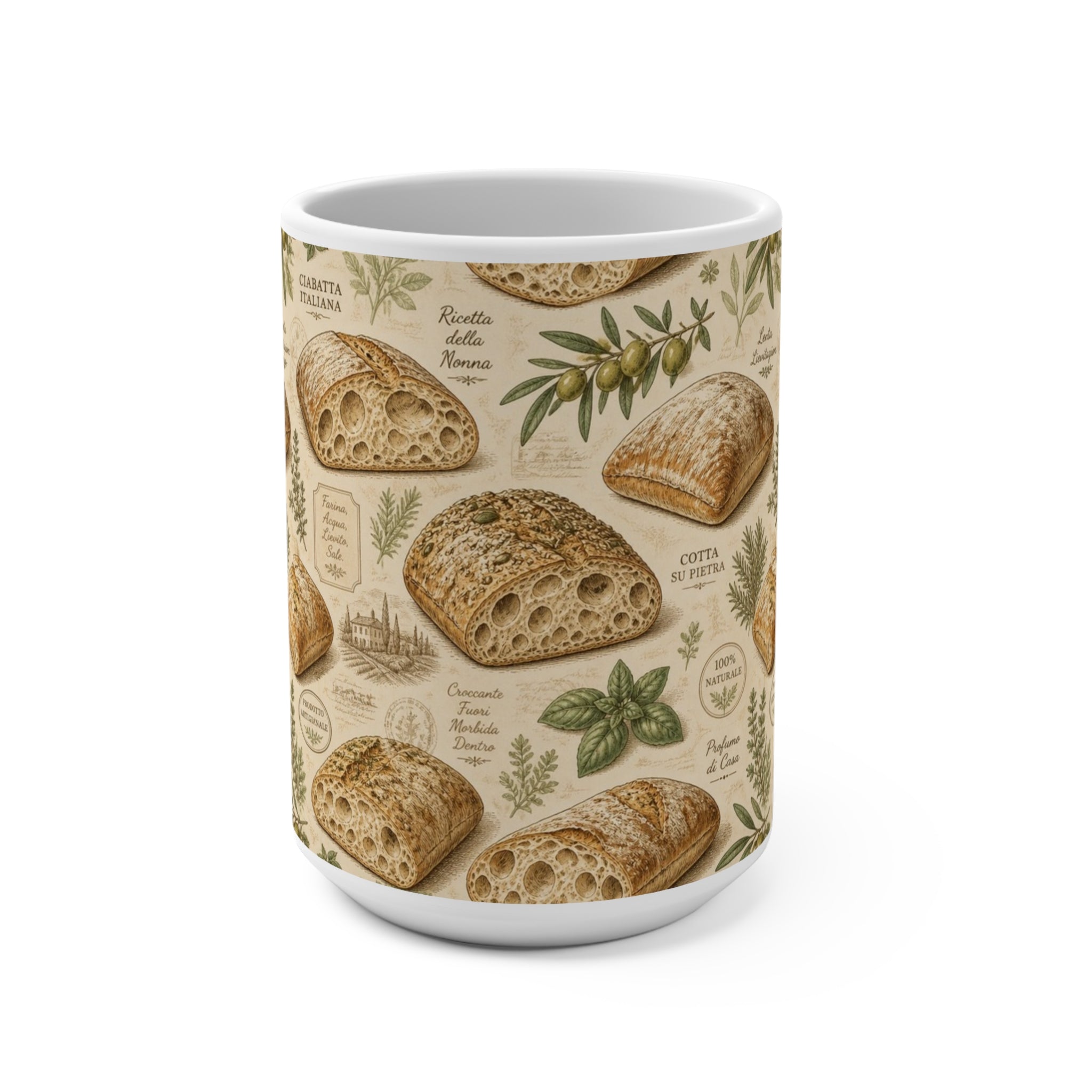Ciabatta Rolls 15oz Ceramic Mug Mediterranean Kitchen Botanical Design Italian Cottagecore Gift