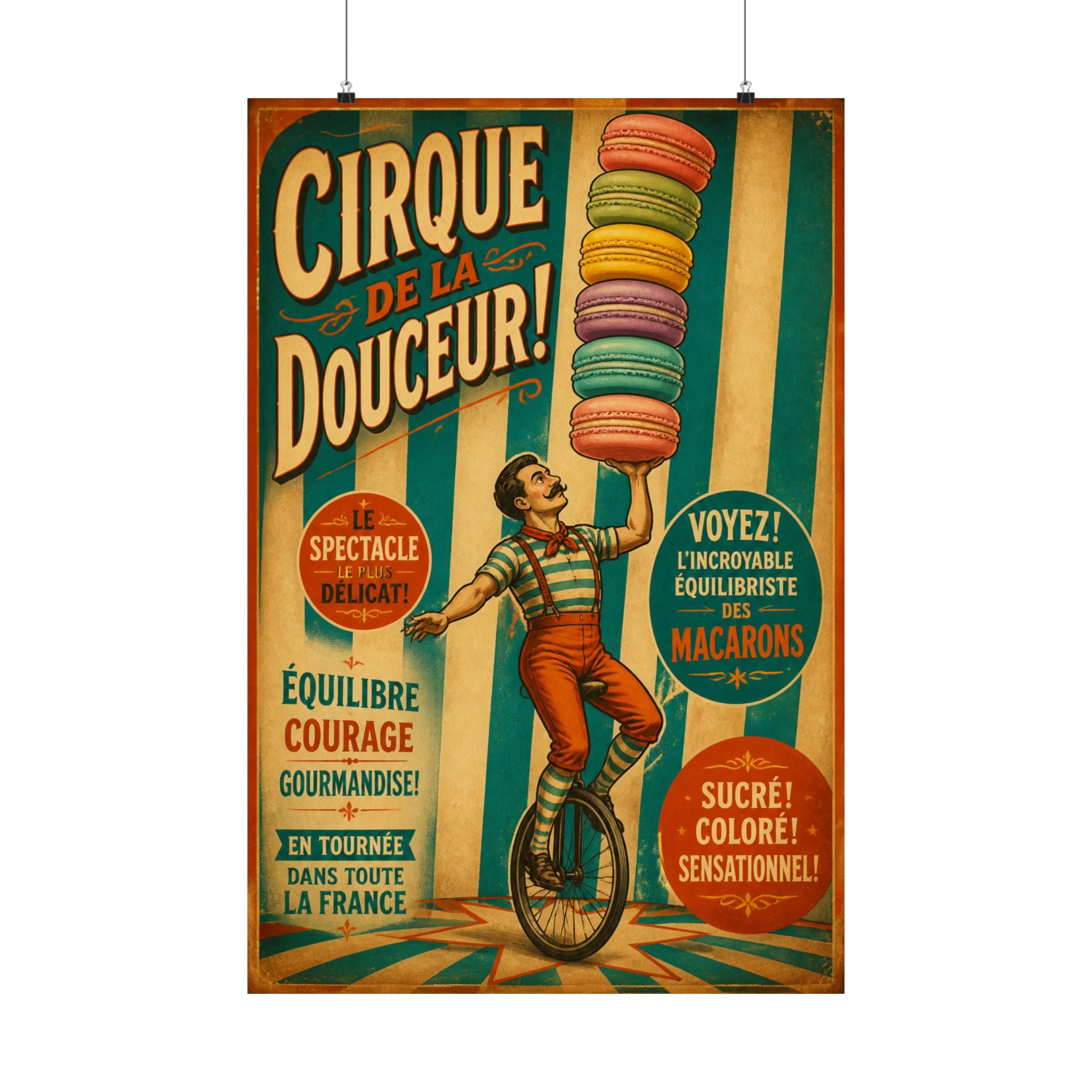 Macaron Balancing Tower Wall Art Poster 18×24 Vintage Circus Kitchen Decor Maximalist Print
