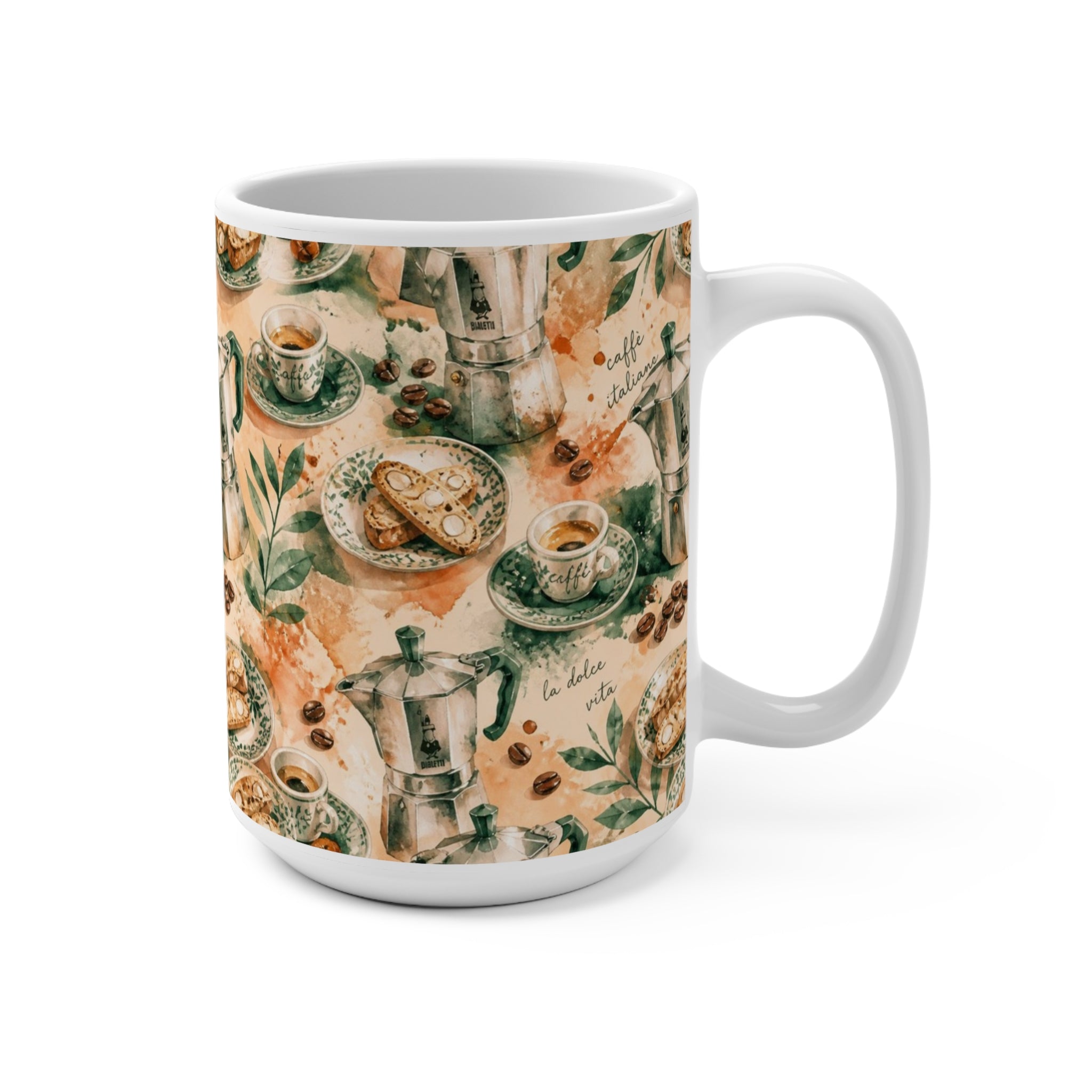 Espresso Moka Pot 15oz Ceramic Mug Mediterranean Kitchen Watercolor Splash Design Italian Cottagecore Gift