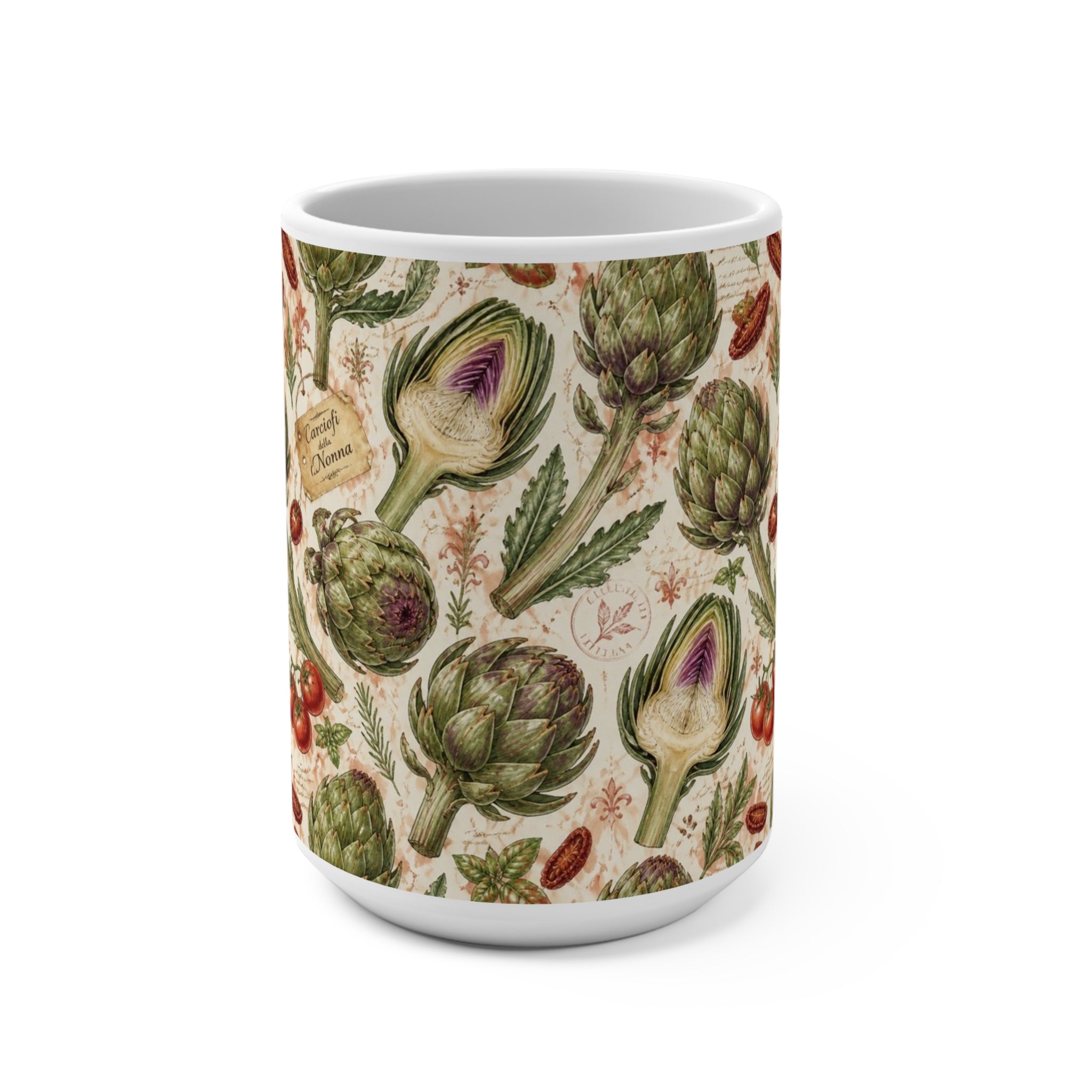 Globe Artichokes 15oz Ceramic Mug Mediterranean Kitchen Watercolor Design Italian Cottagecore Gift