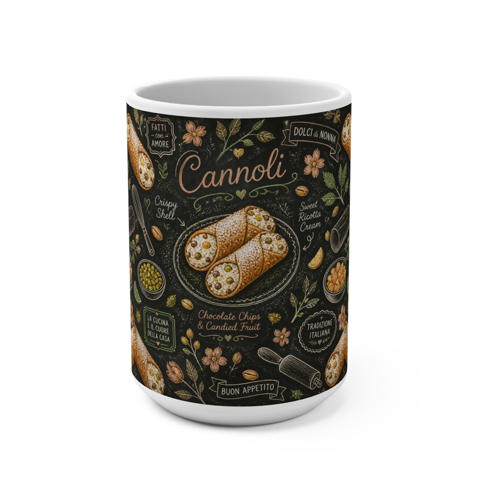 Sicilian Cannoli 15oz Ceramic Mug Mediterranean Kitchen Chalk Art Design Italian Cottagecore Gift