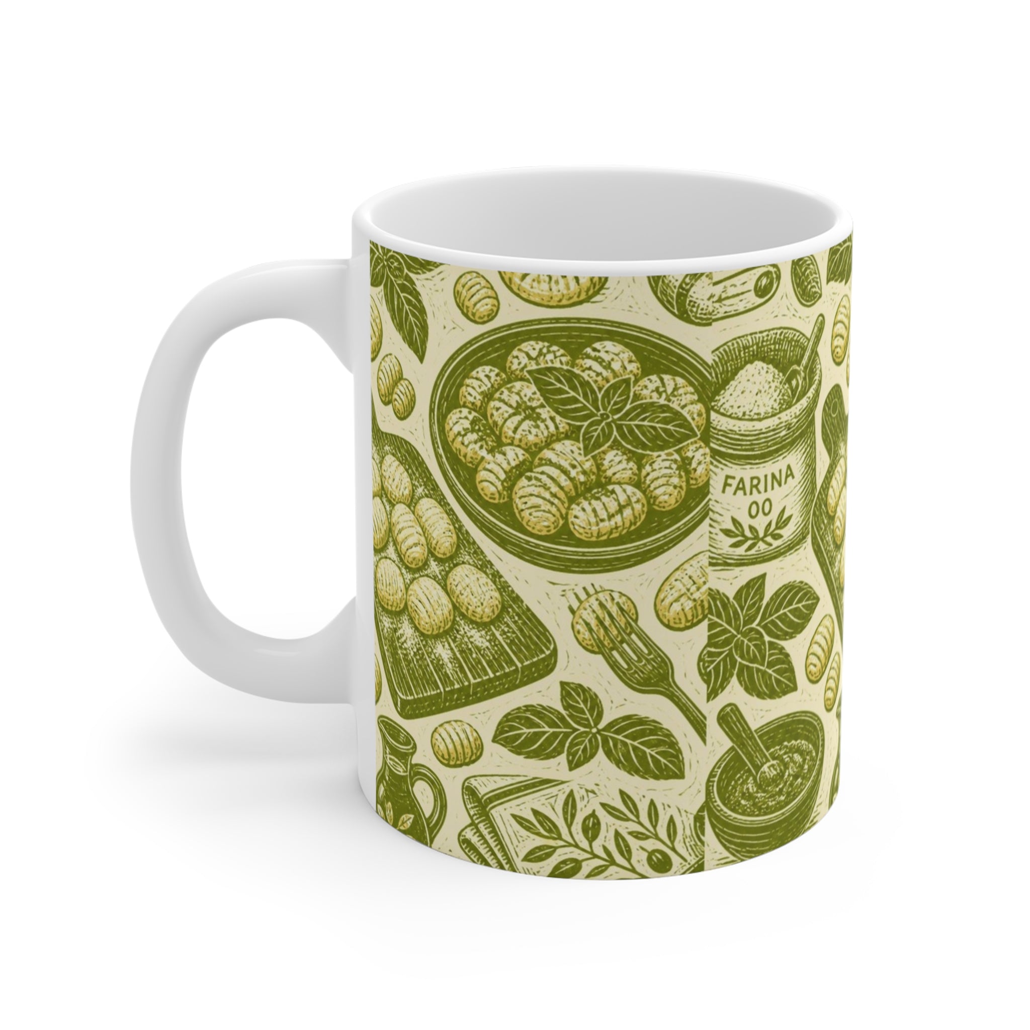 Potato Gnocchi 11oz Ceramic Mug Mediterranean Kitchen Linocut Design Italian Cottagecore Gift