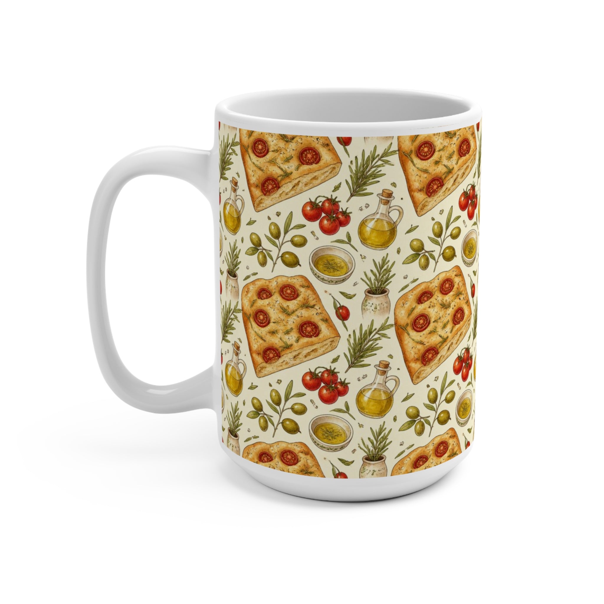 Focaccia Bread 15oz Ceramic Mug Mediterranean Kitchen Watercolor Design Italian Cottagecore Gift
