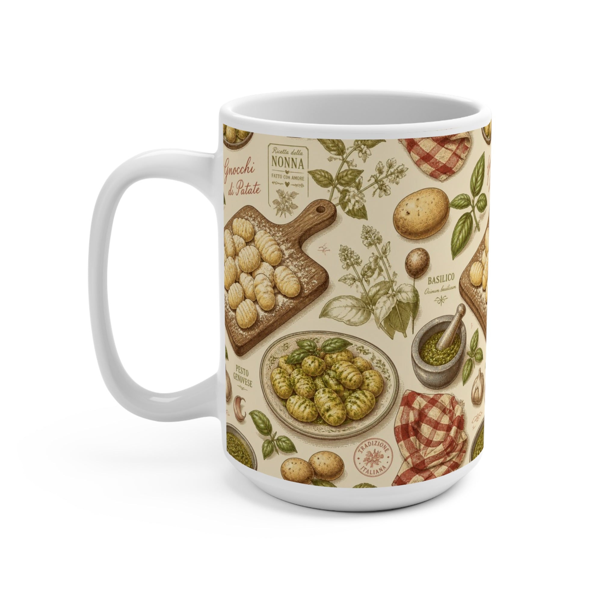 Potato Gnocchi 15oz Ceramic Mug Mediterranean Kitchen Botanical Design Italian Cottagecore Gift