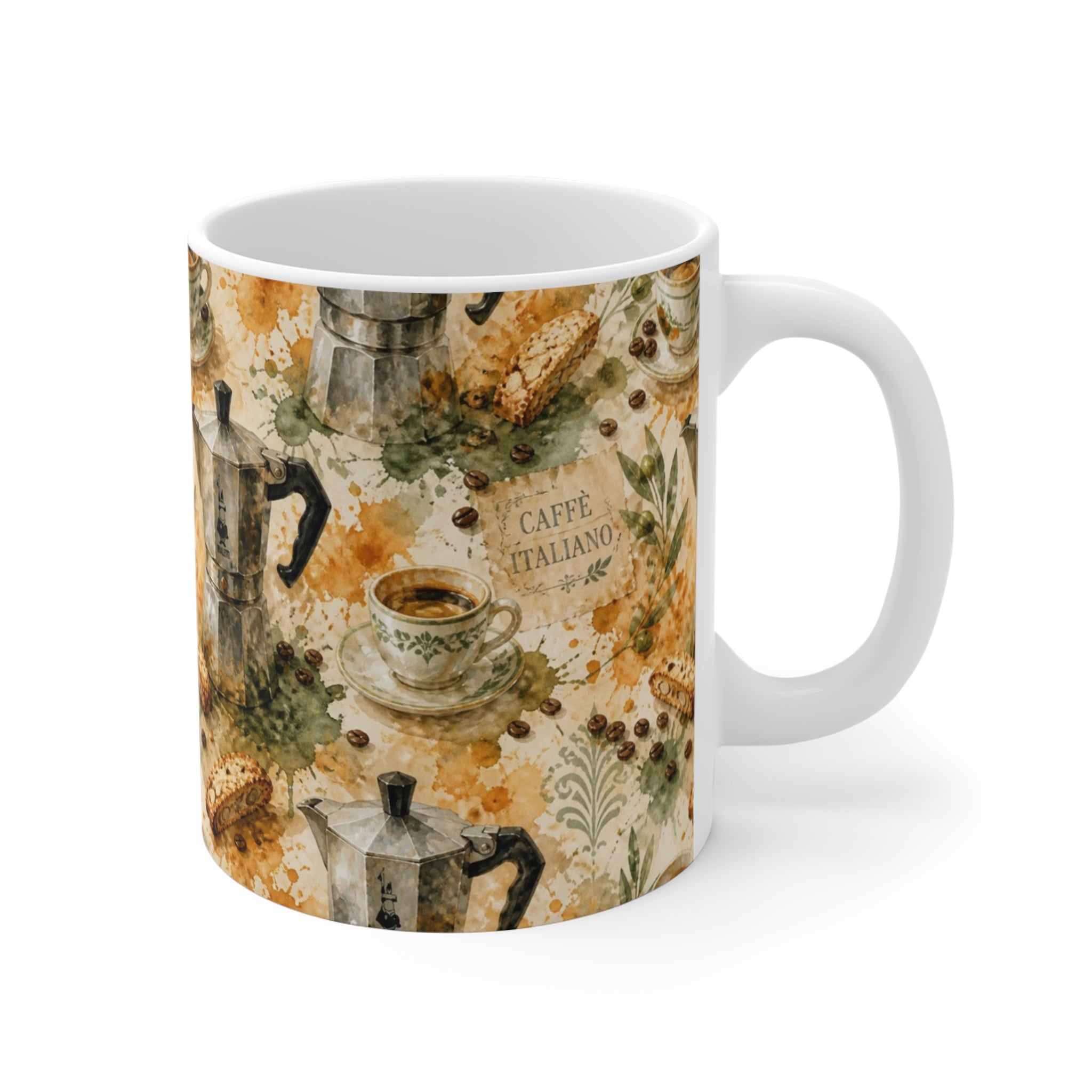 Espresso Moka Pot 11oz Ceramic Mug Mediterranean Kitchen Watercolor Splash Design Italian Cottagecore Gift