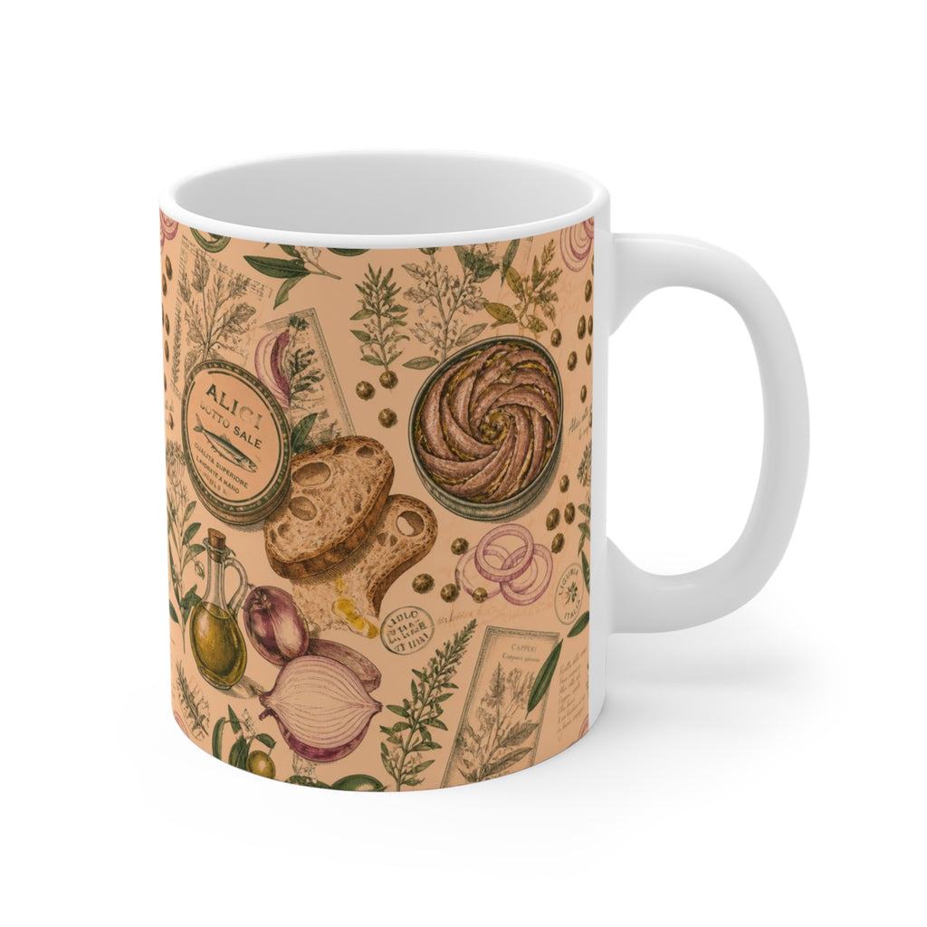 Anchovies & Capers 11oz Ceramic Mug Mediterranean Kitchen Botanical Design Italian Cottagecore Gift