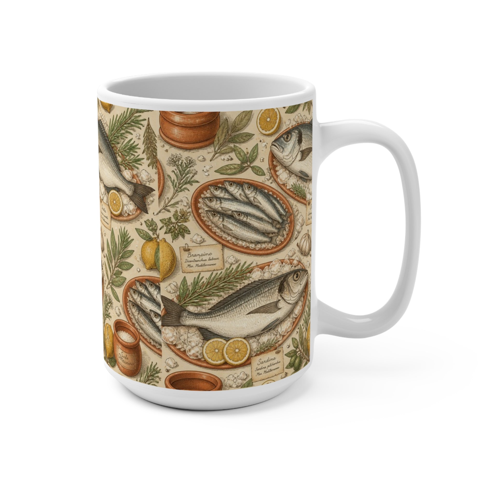 Mediterranean Fish 15oz Ceramic Mug Mediterranean Kitchen Botanical Design Italian Cottagecore Gift