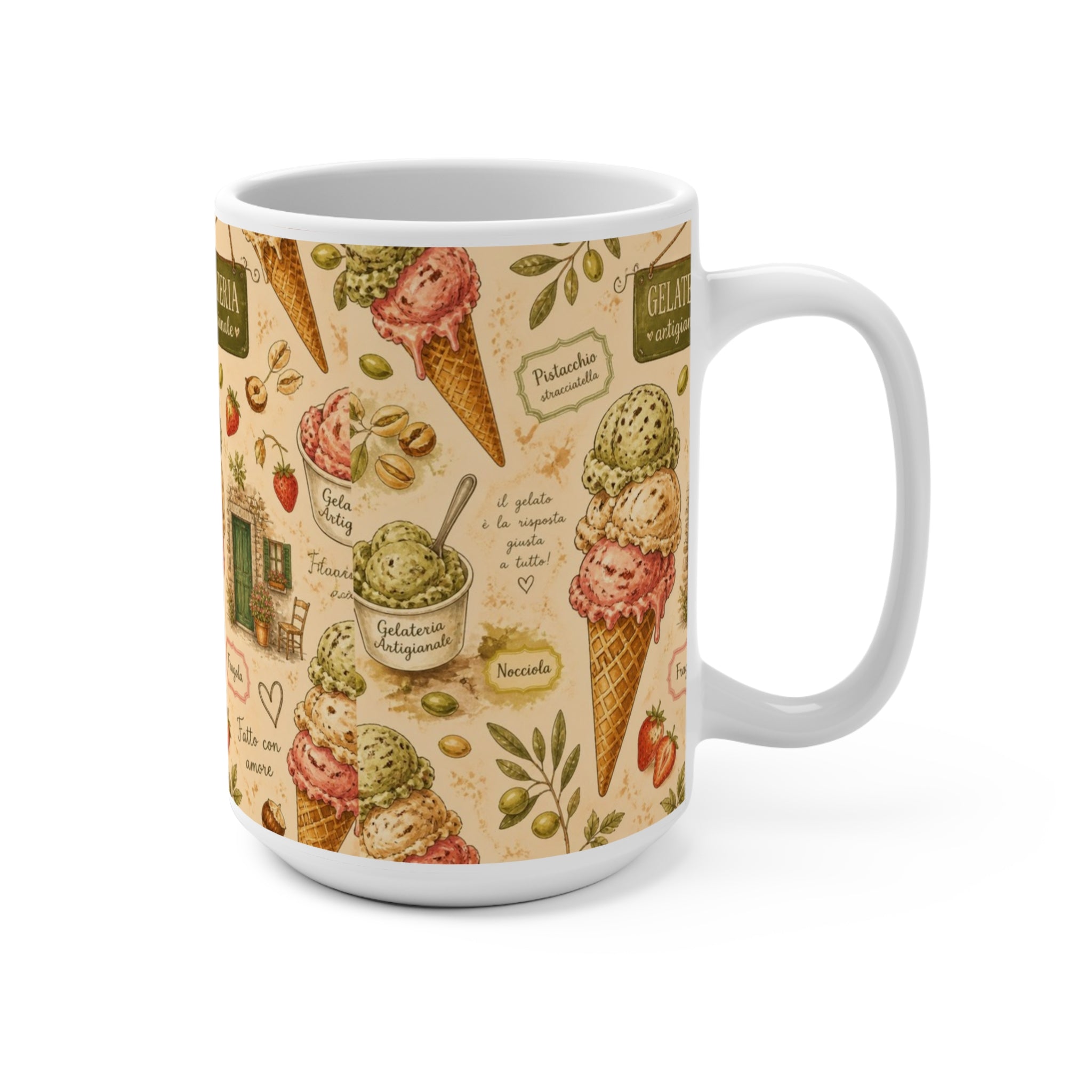 Gelato Scoops 15oz Ceramic Mug Mediterranean Kitchen Watercolor Design Italian Cottagecore Gift