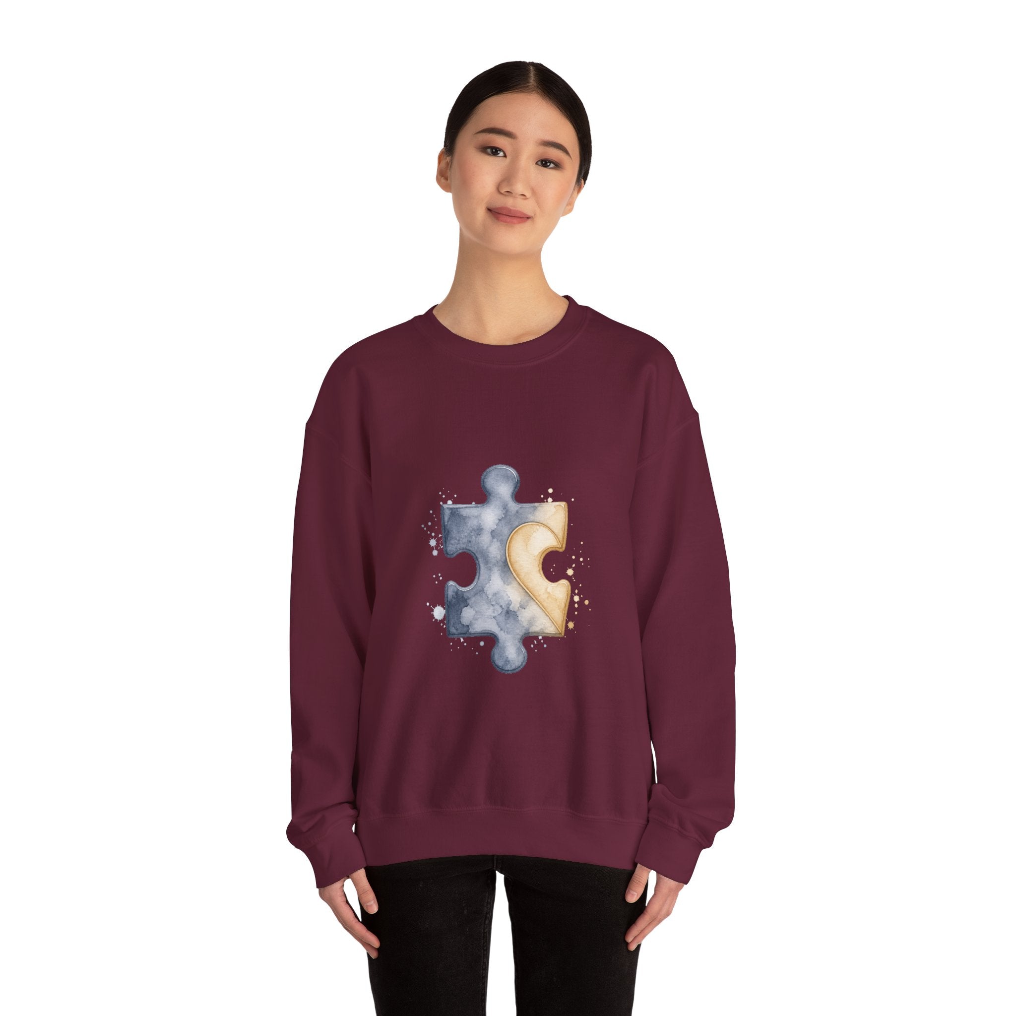 Matching Couple Sweatshirt - Puzzle Pieces Matching Couple Premium Fleece Sweatshirt Watercolor Art His Hers Birthday Gift - Design A