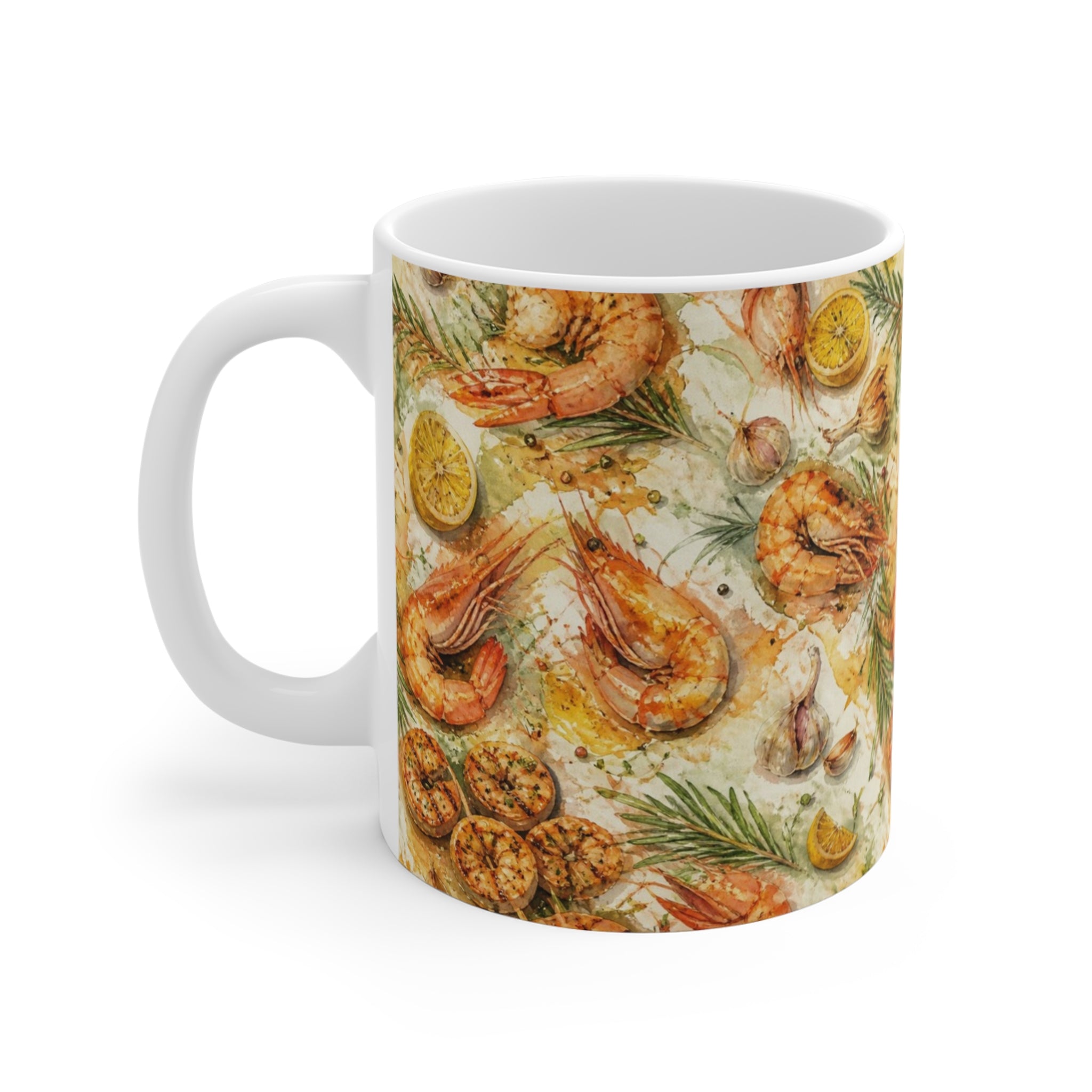 Mediterranean Shrimp 11oz Ceramic Mug Mediterranean Kitchen Watercolor Splash Design Italian Cottagecore Gift