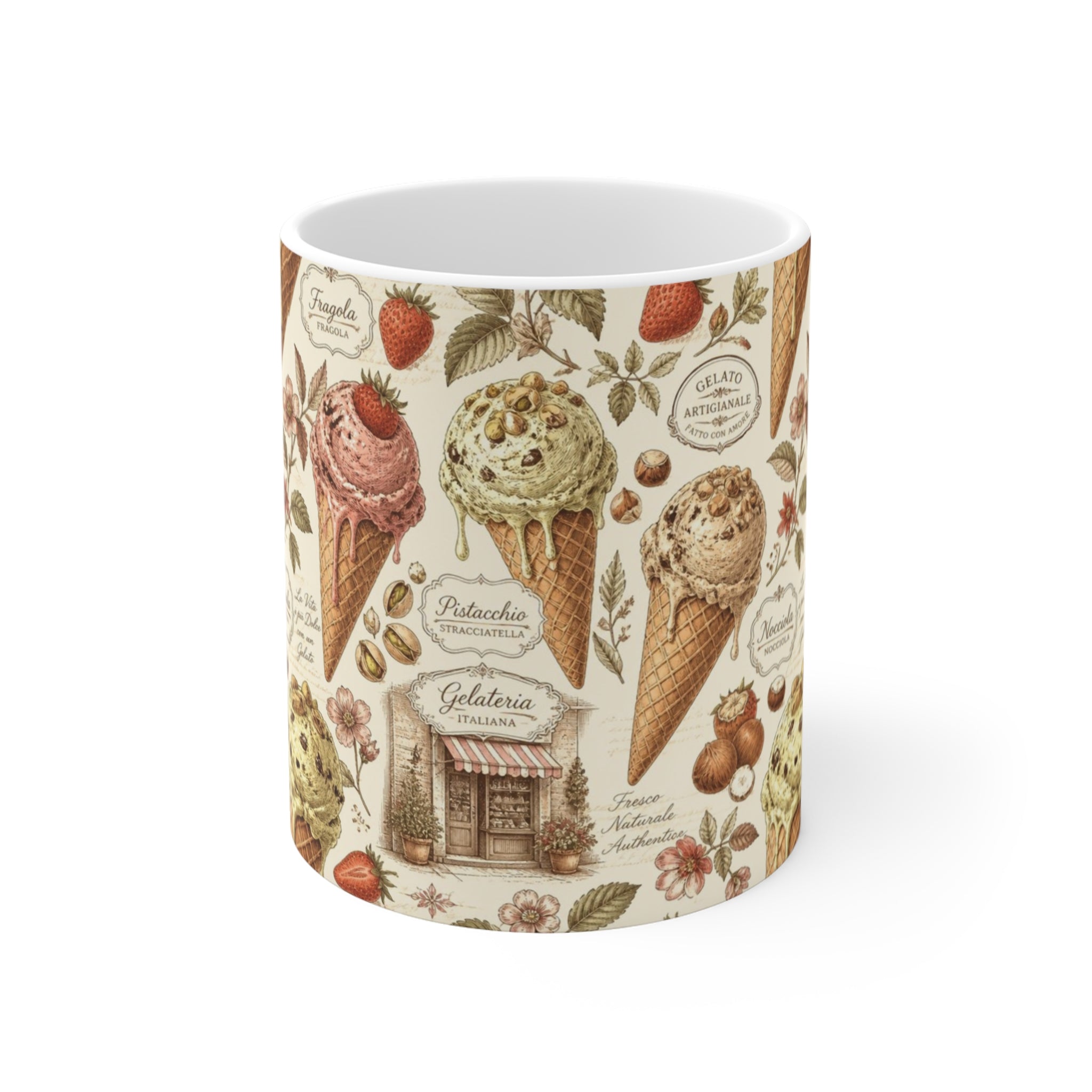 Gelato Scoops 11oz Ceramic Mug Mediterranean Kitchen Botanical Design Italian Cottagecore Gift