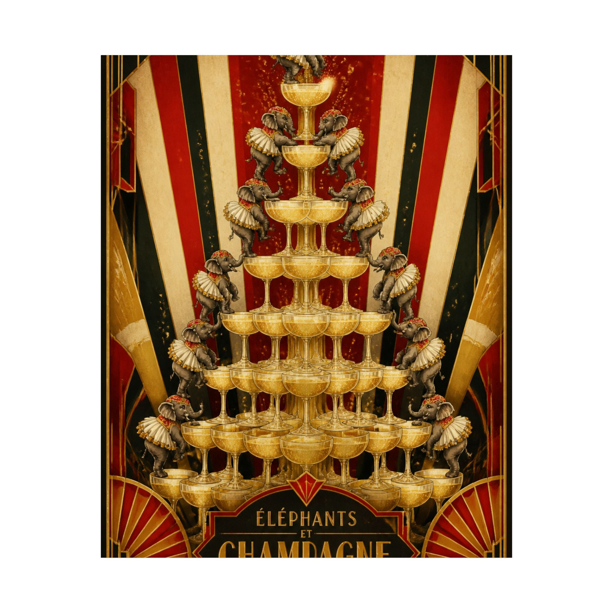 Champagne Tower Elephants Wall Art Poster 24×36 Art Deco Bar Area Decor Maximalist Print