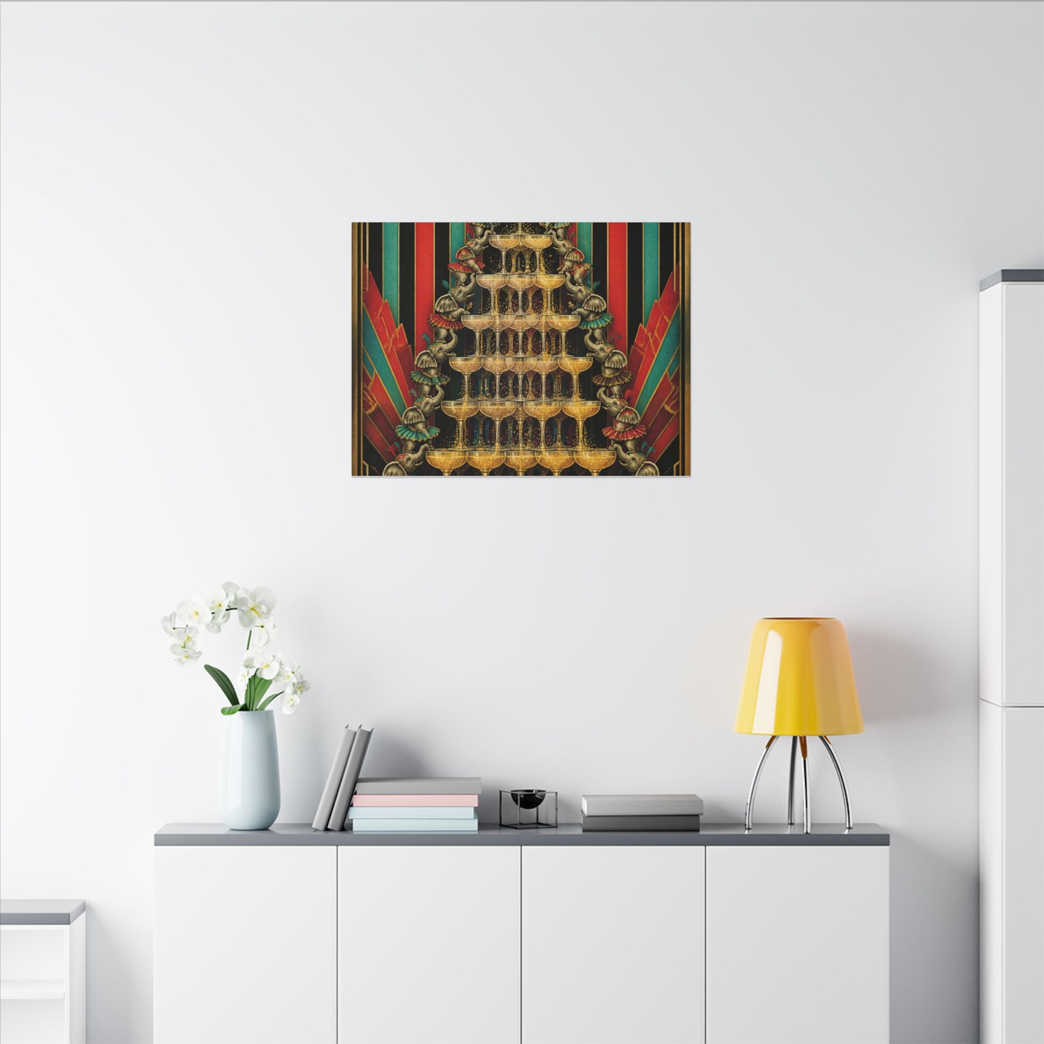 Champagne Tower Elephants Wall Art Canvas 16×20 Art Deco Entryway Decor Maximalist Print