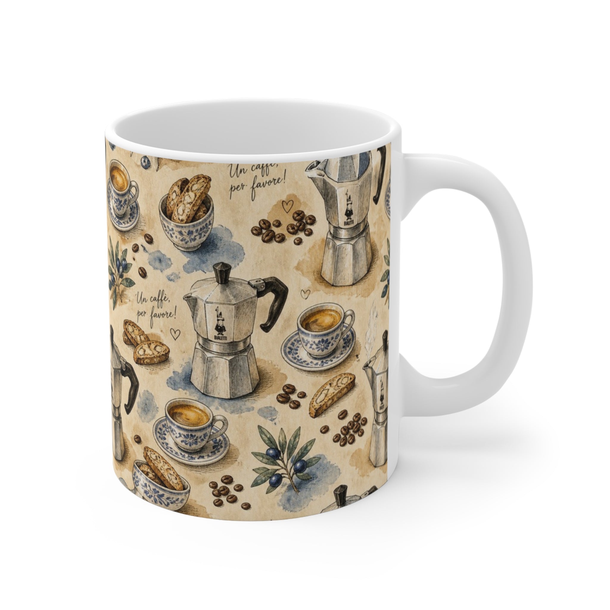 Espresso Moka Pot 11oz Ceramic Mug Mediterranean Kitchen Watercolor Design Italian Cottagecore Gift