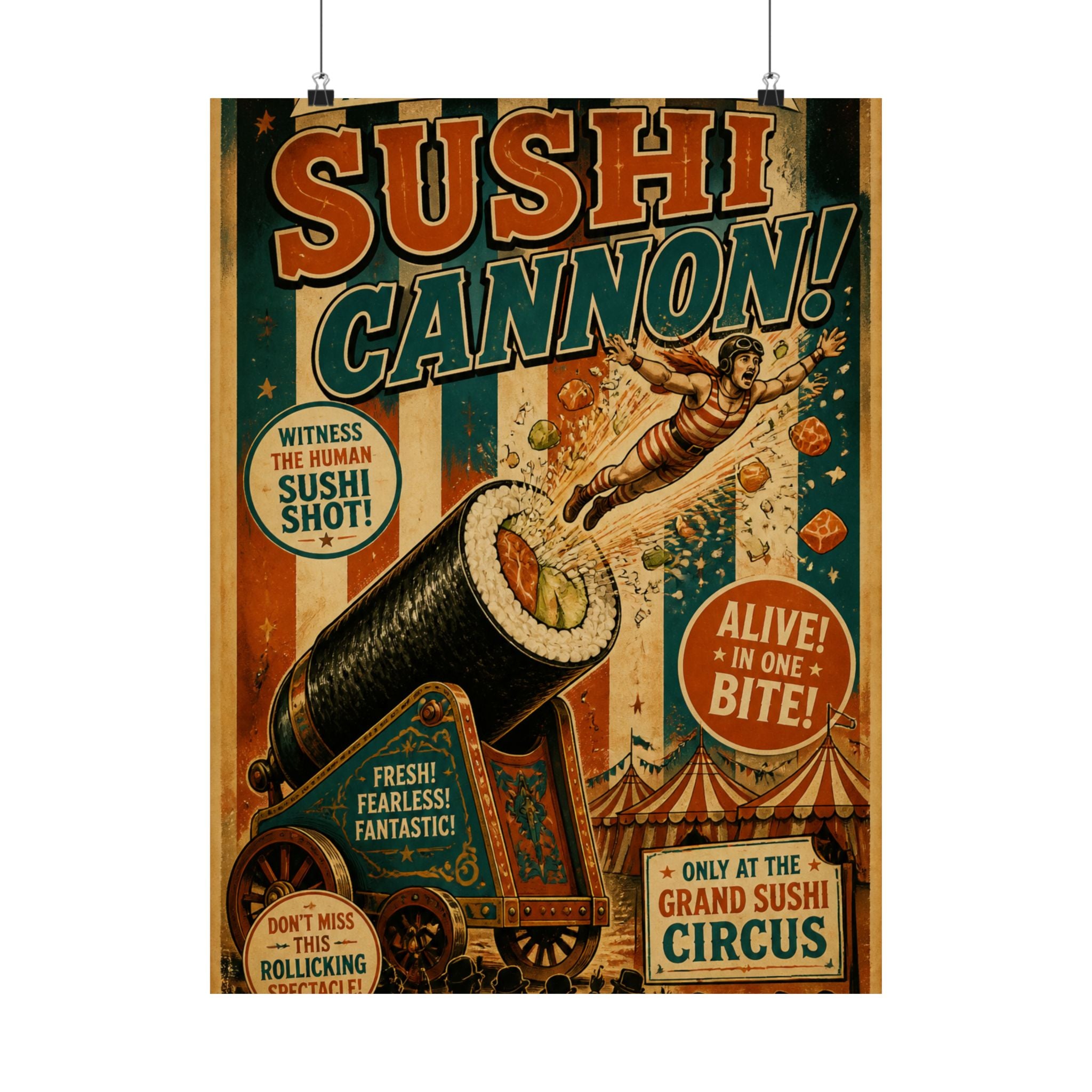 Sushi Roll Cannon Wall Art Poster 24×36 Vintage Circus Bedroom Decor Maximalist Print