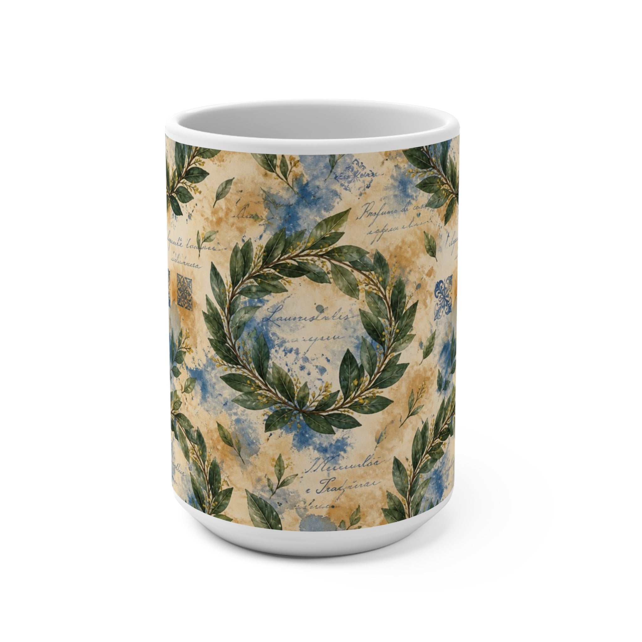Bay Laurel Wreath 15oz Ceramic Mug Mediterranean Kitchen Watercolor Splash Design Italian Cottagecore Gift