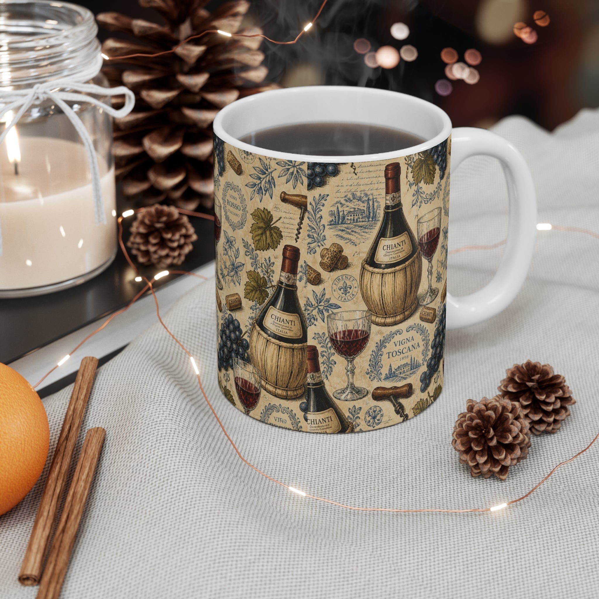 Wine Bottles & Glasses 11oz Ceramic Mug Mediterranean Kitchen Botanical Design Italian Cottagecore Gift