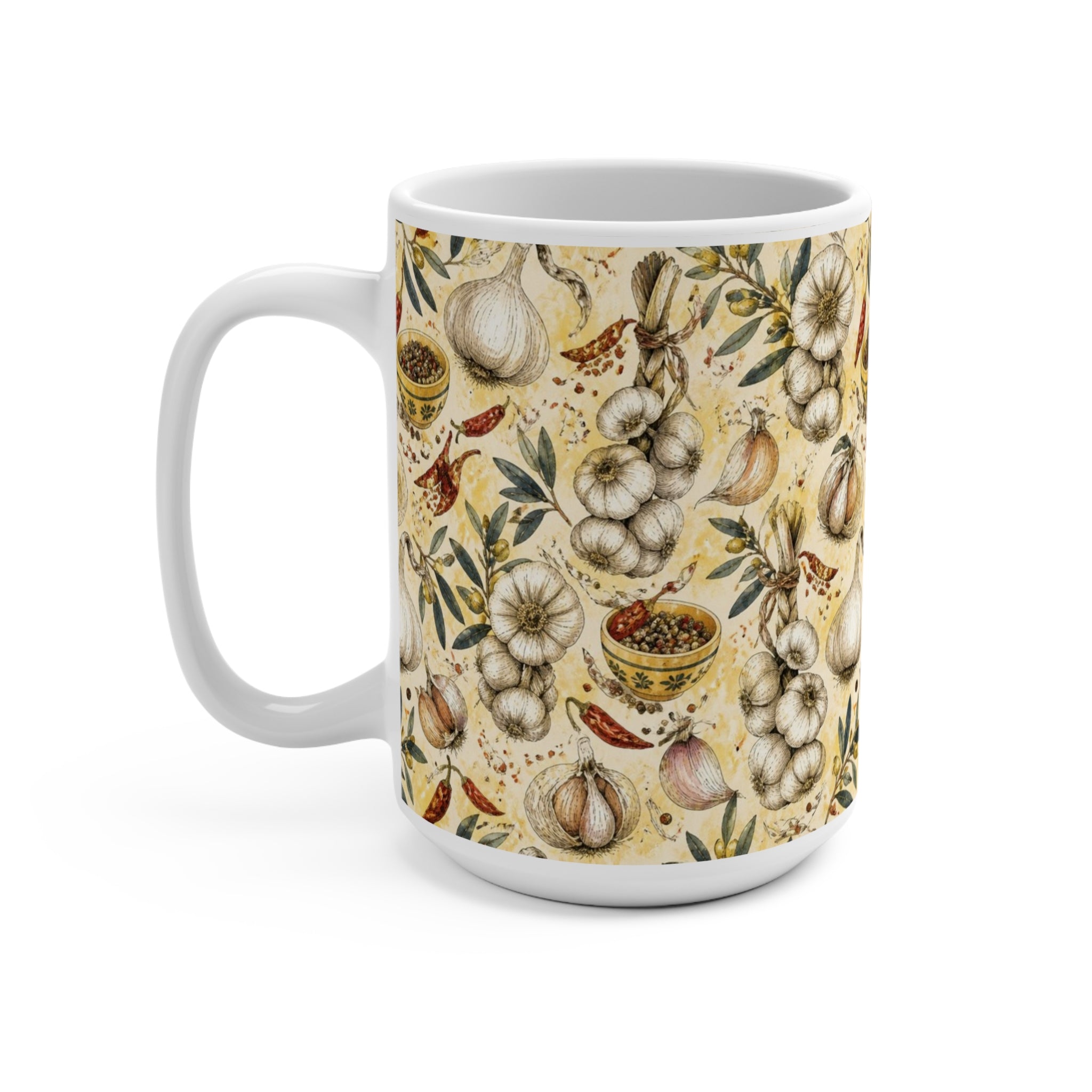 Garlic Bulbs & Cloves 15oz Ceramic Mug Mediterranean Kitchen Watercolor Design Italian Cottagecore Gift
