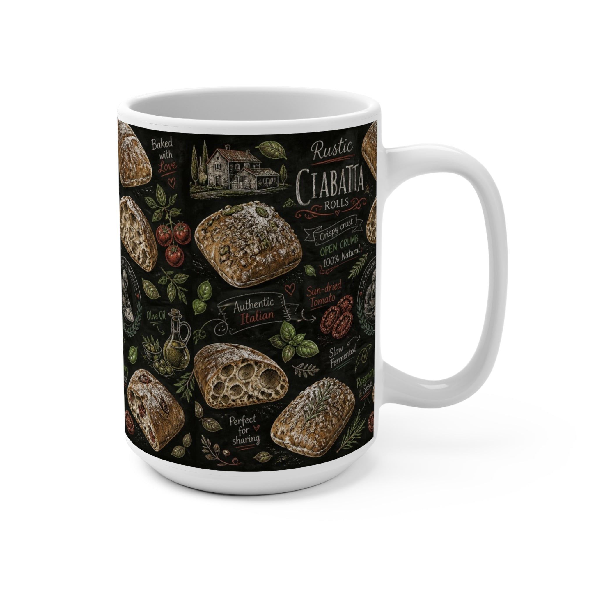 Ciabatta Rolls 15oz Ceramic Mug Mediterranean Kitchen Chalk Art Design Italian Cottagecore Gift