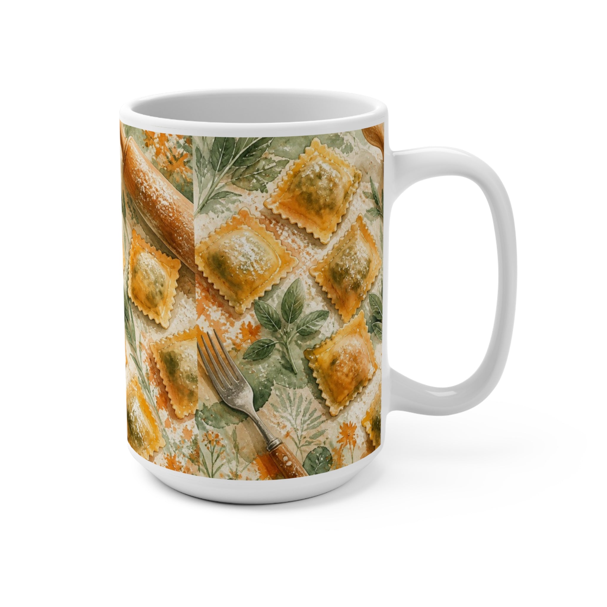 Fresh Ravioli 15oz Ceramic Mug Mediterranean Kitchen Watercolor Splash Design Italian Cottagecore Gift
