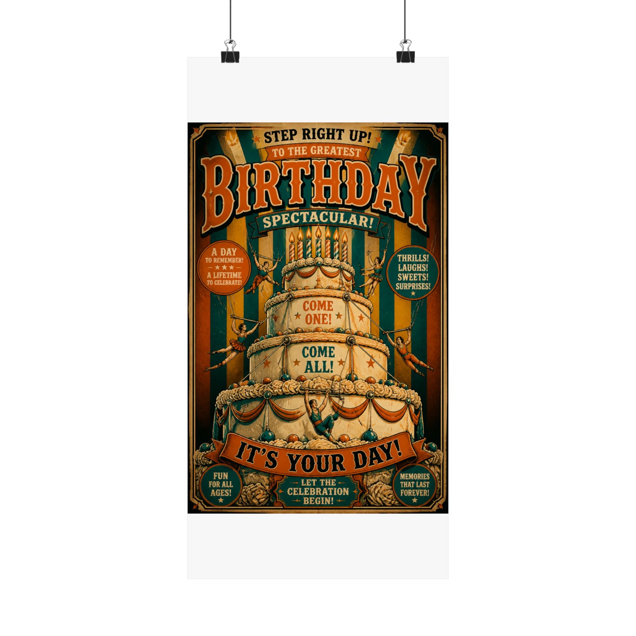 Birthday Cake Trapeze Wall Art Poster 24×36 Vintage Circus Bedroom Decor Maximalist Print
